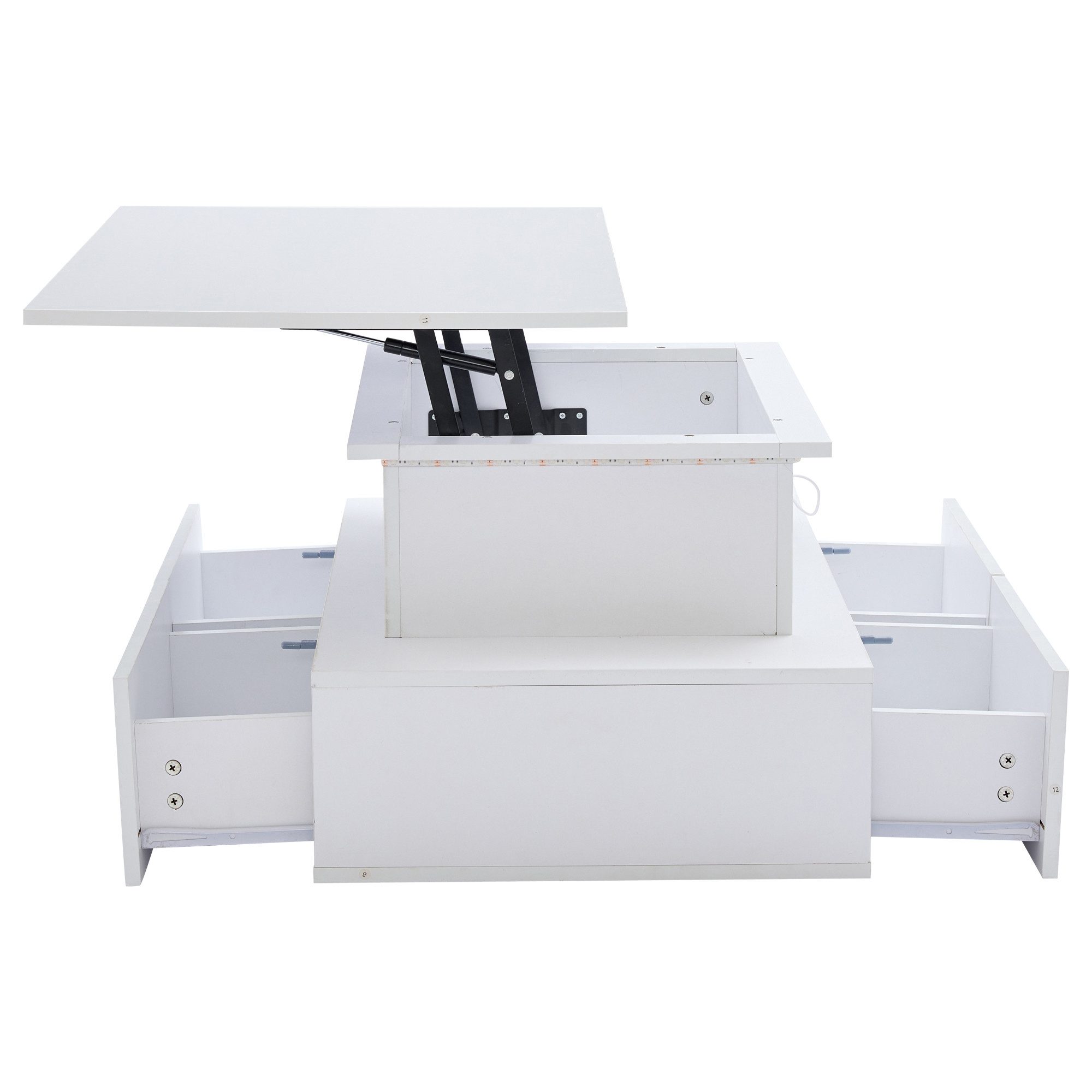 Merax Couchtisch hochglanz Sofatisch Beistelltisch mit LED und hydraulischer Lift (Lift-Teetisch, 90x55x41cm), Wohnzimmertisch mit 4 Schubladen und Stauraum inkl. Fernbedienung