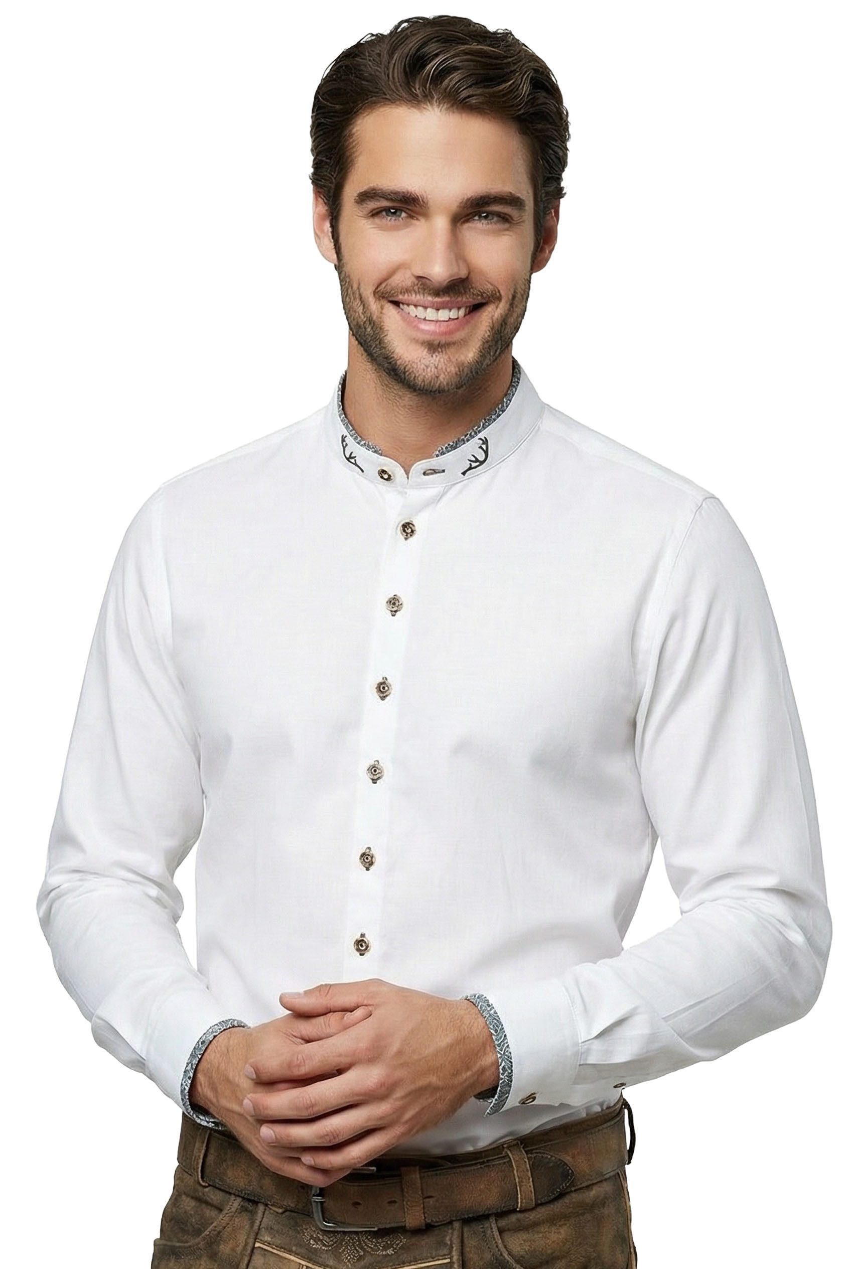 Trachtenhemd Trachtenhemd SLIM FIT Herren Stehkragen Wiesn-Hemd Herrenhemd Weiß