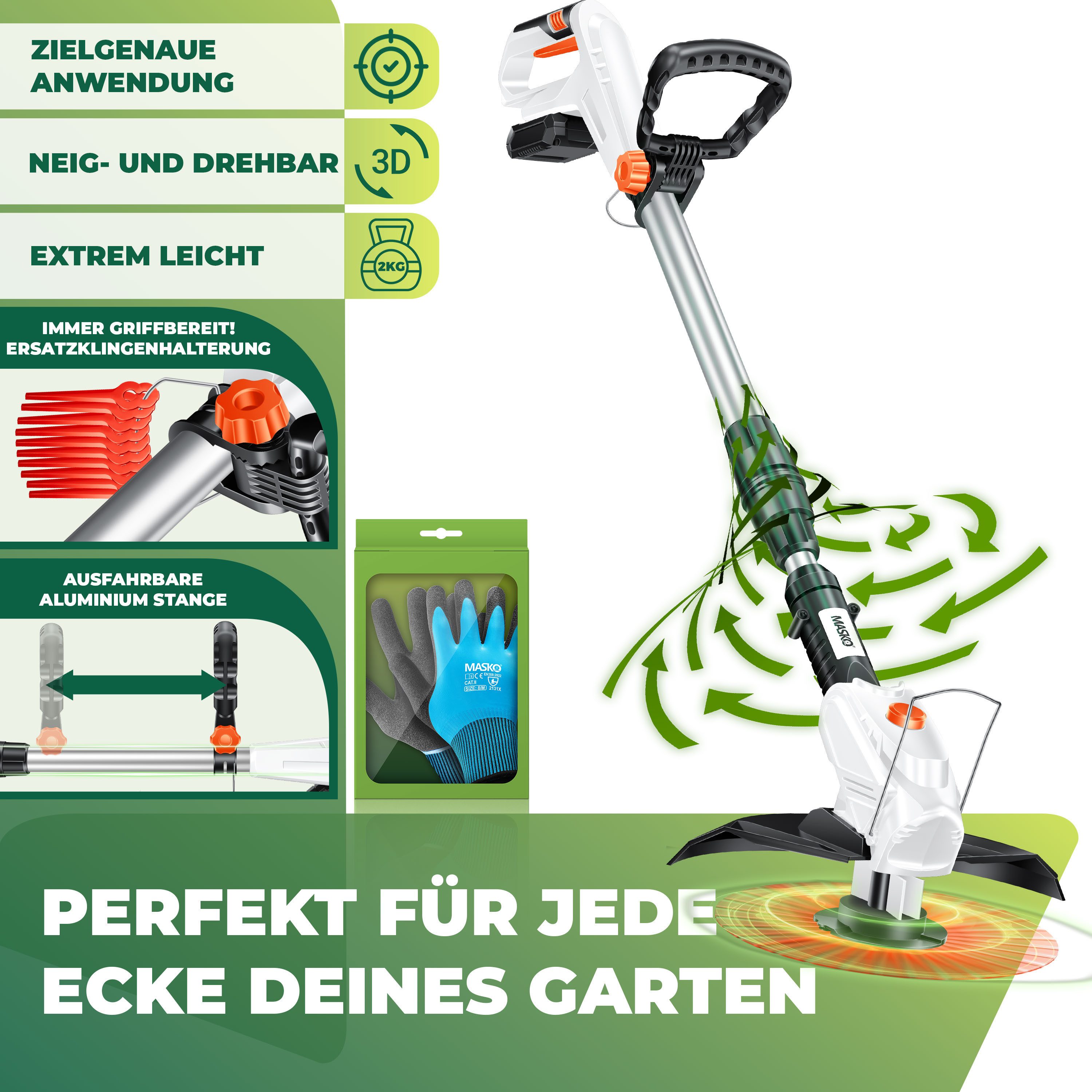 MASKO Akku-Rasentrimmer, Akku-Rasentrimmer mit 20 Li-Akku, 2,0 Ah Akku und Ladegerät