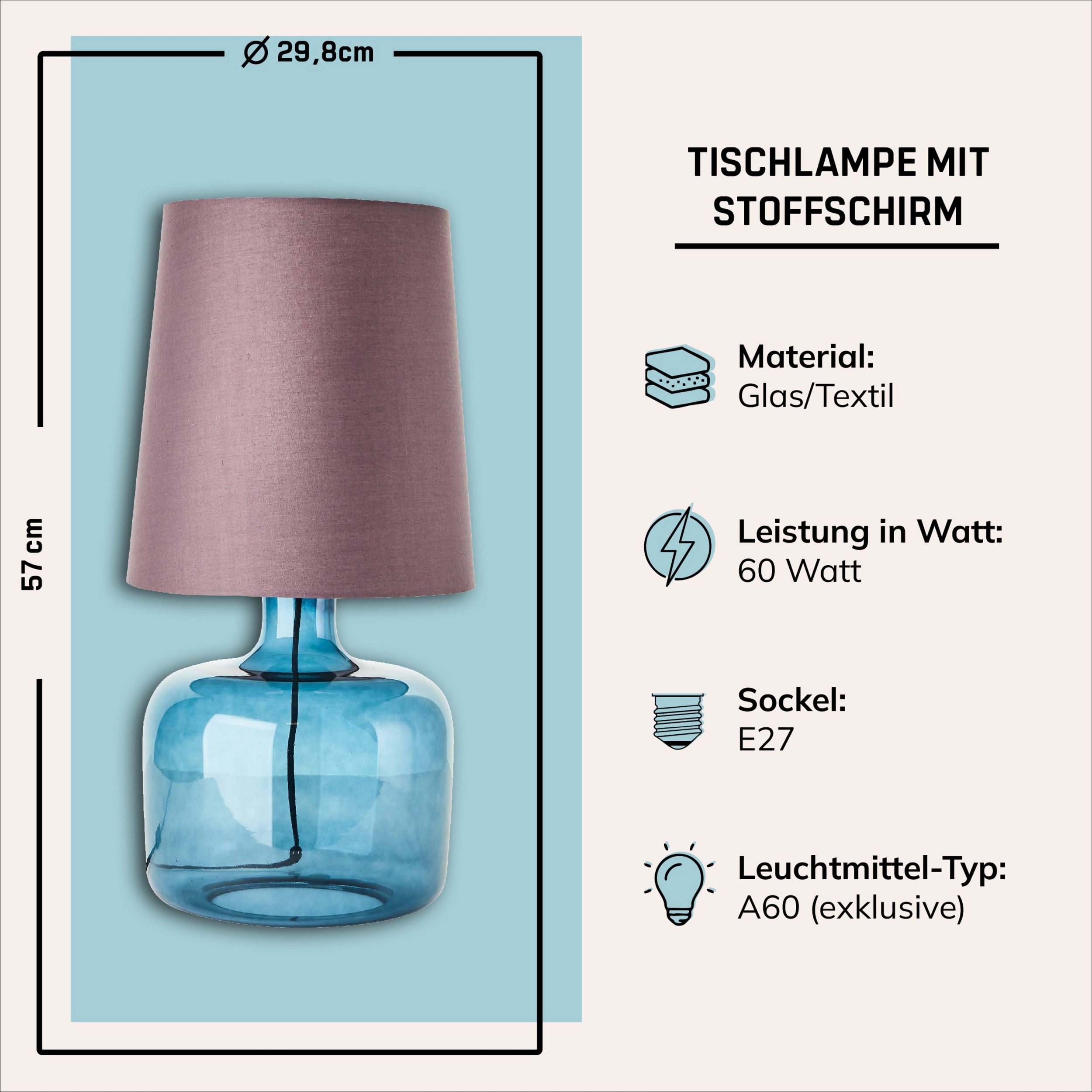 Lightbox Tischleuchte, ohne Leuchtmittel, dunkelblaue Tischlampe Stoff-Schirm - 56 cm Höhe & 30 cm Durchmesser