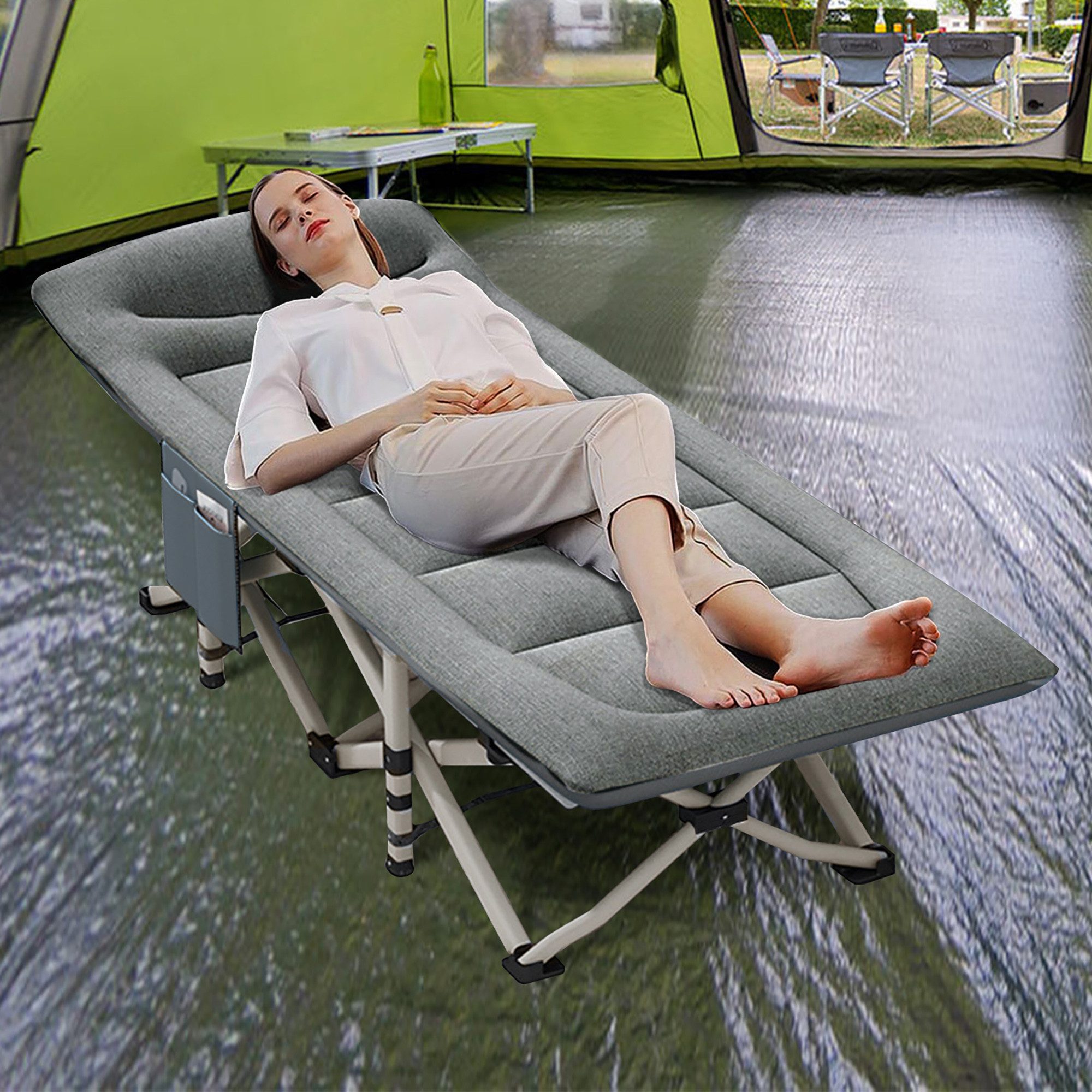 CALIYO Feldbett Mit Dicker Matratze Klappbett Campingbett bis 150 kg (200 x 80 x 40 cm Faltbar) für Indoor, Outdoor, Strand und Garten