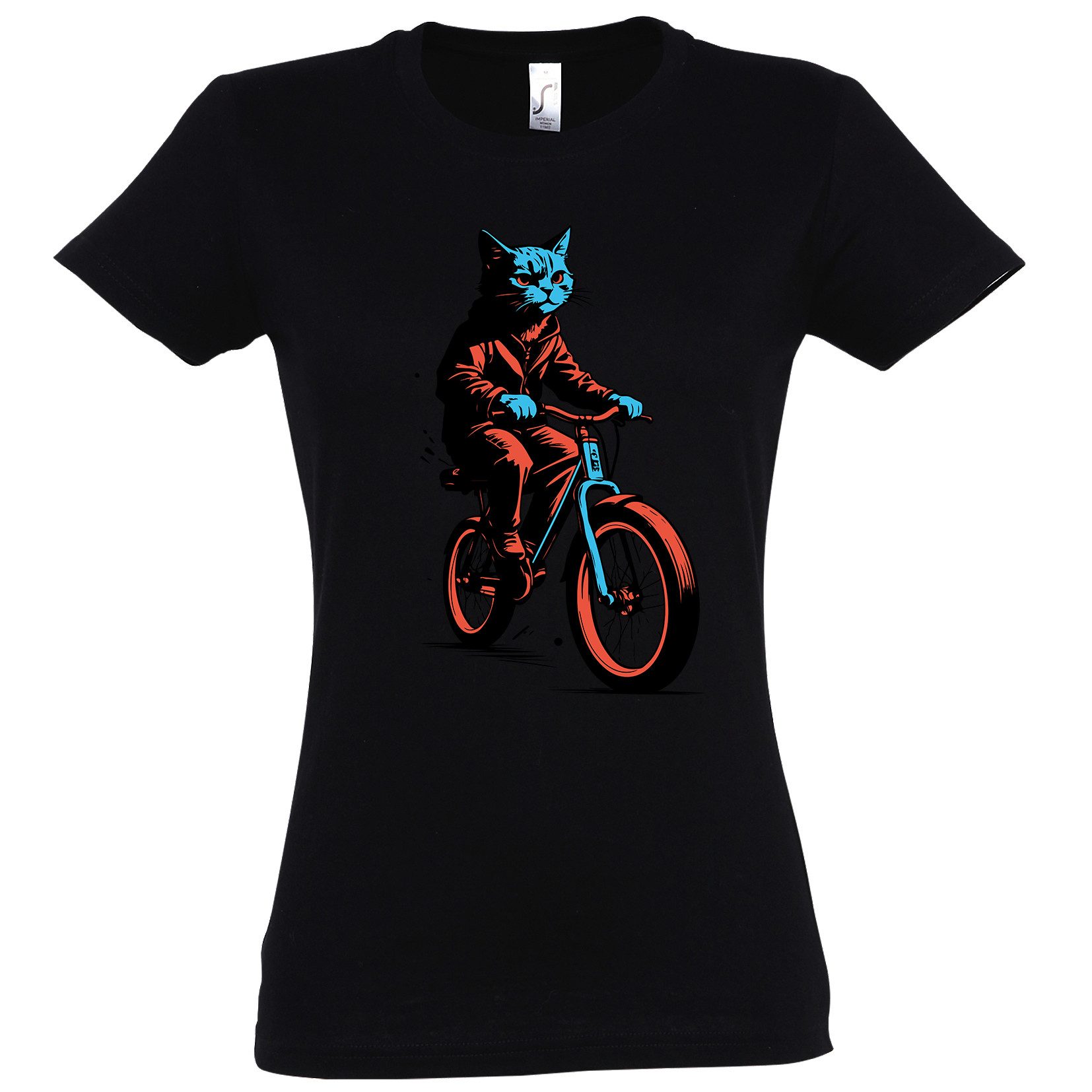 Print-Shirt Katze Fahrrad Damen T-Shirt
