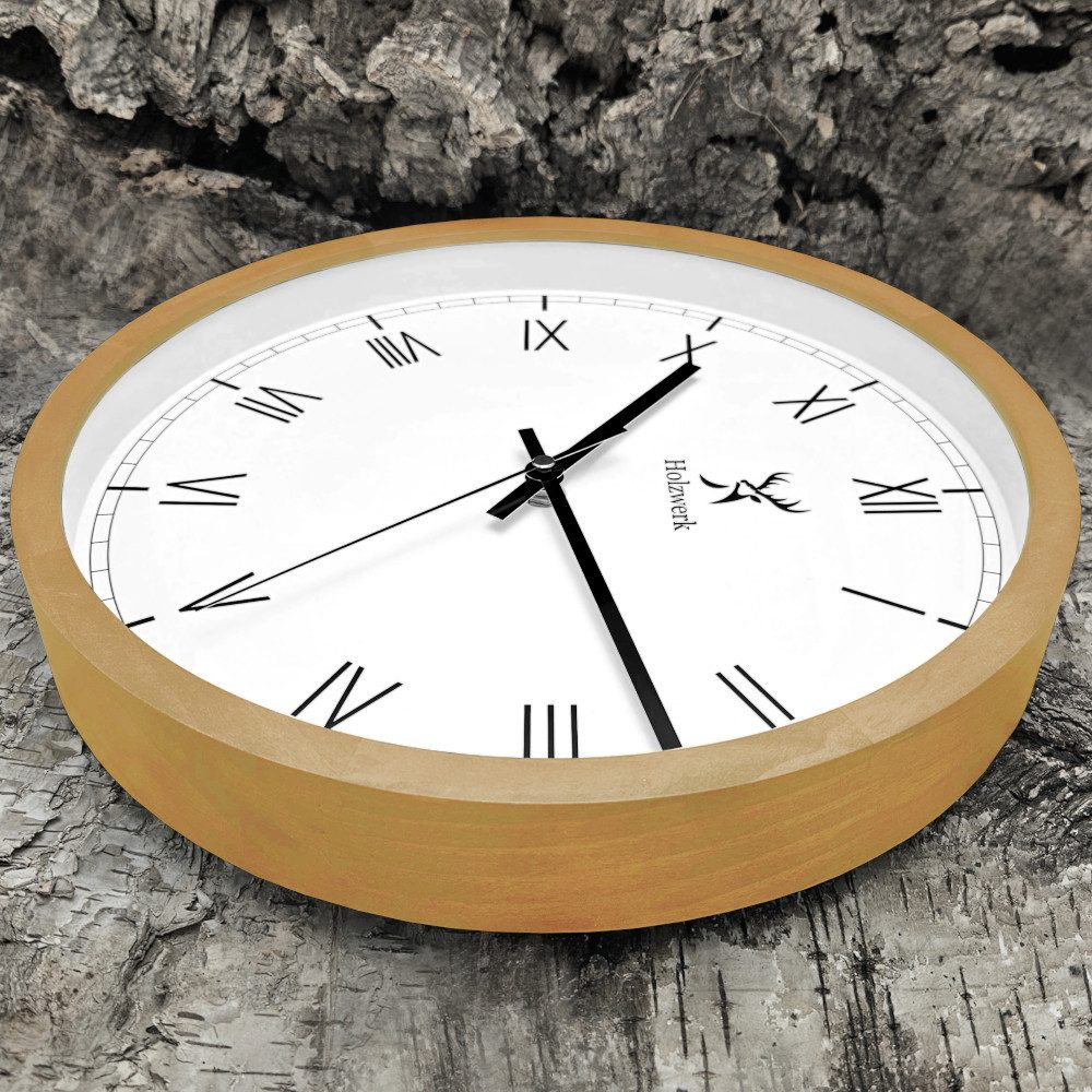Holzwerk Wanduhr Designer Holz Wand Uhr, römische Ziffern (Nahezu lautloses Uhrwerk, analog, 30 cm)