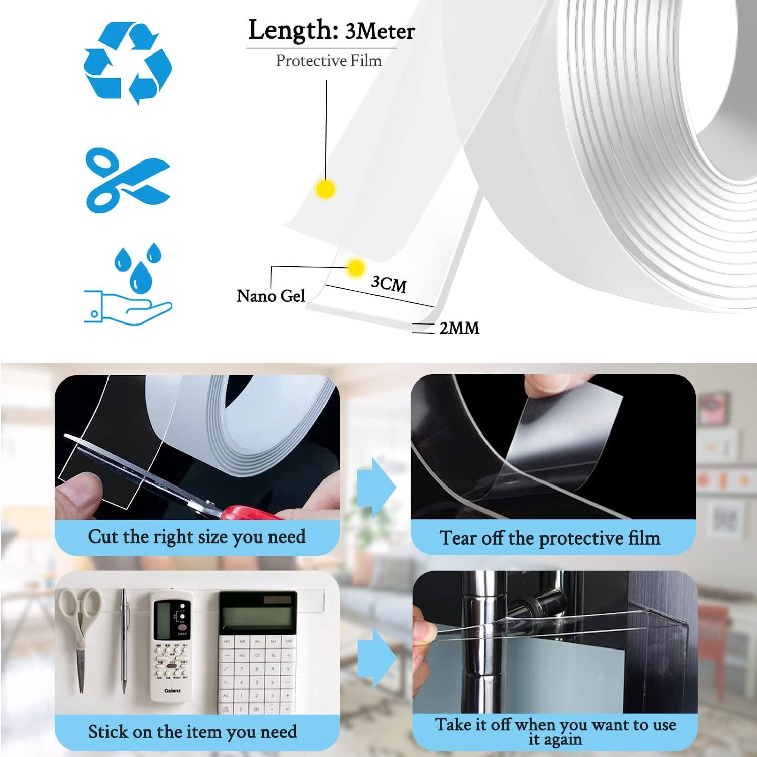 Thumbnail - SMARTAI Doppelklebeband Doppelseitiges Klebeband Extra Stark 3M Transparentes Abwaschbares Nano Tape, Ablösbar Spurlos