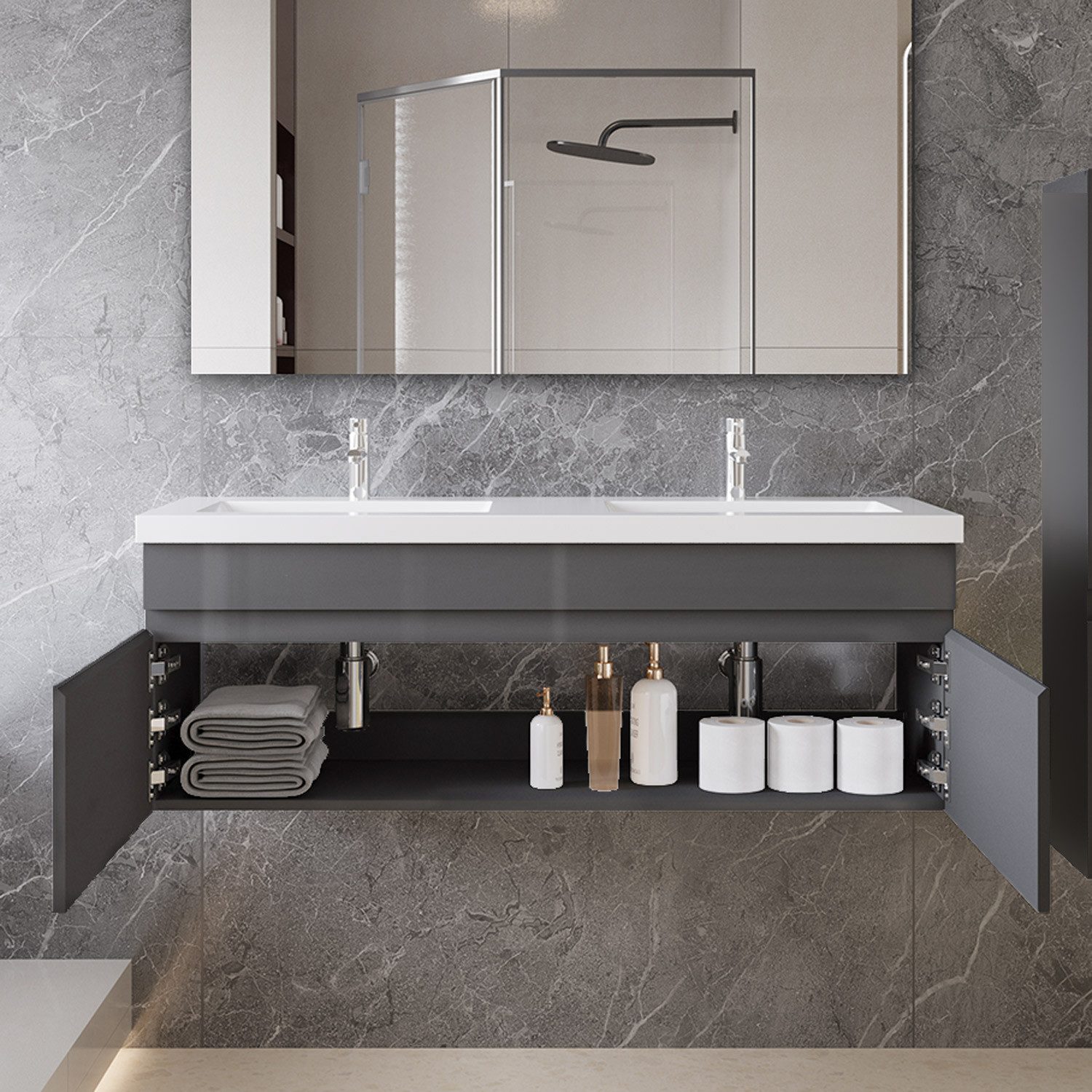 duschspa Doppelwaschtisch 120cm Waschtisch mit Unterschrank Waschbecken mit Badschrank