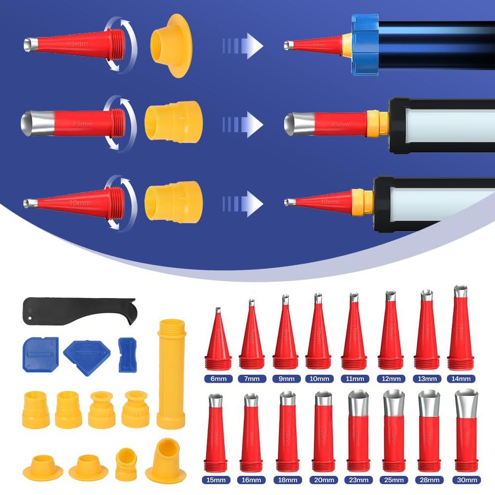 XERSEK Heißklebepistole Elektrische Kartuschenpresse Akku Silikonspritze mit 2 Akku (21V 2 Ah), (7840N Kartuschenpistole mit LED, 16X Dichtungsdüse, 6X Ersatzbasis, 0-32 mm/s, 6-Geschwindigkeit, für 600ml Wurst, 310ml Patrone)