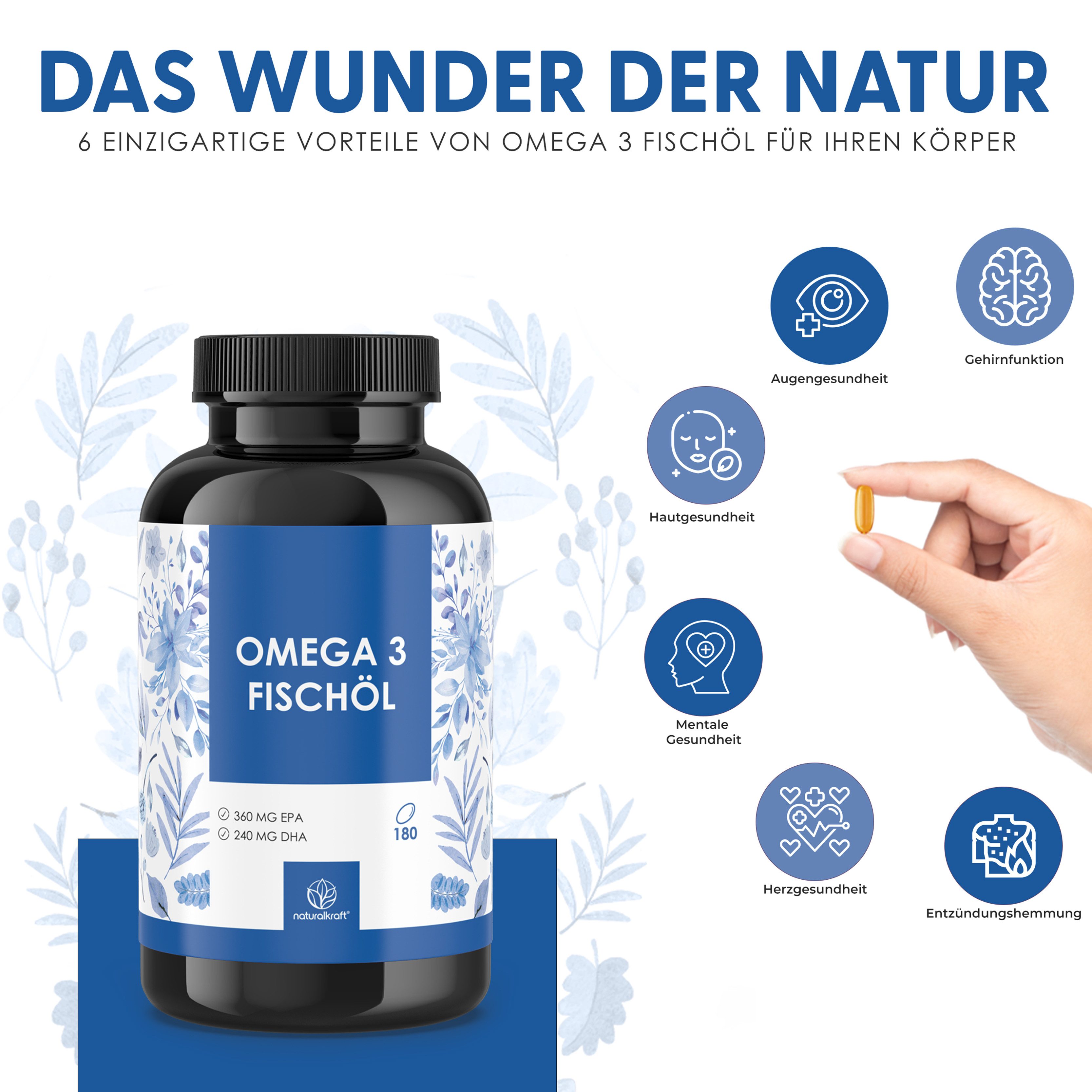 Naturalkraft Omega 3 Fischöl 2000 mg – 180 Kapseln, hochdosiert & geprüft Weichkapseln, 234 g