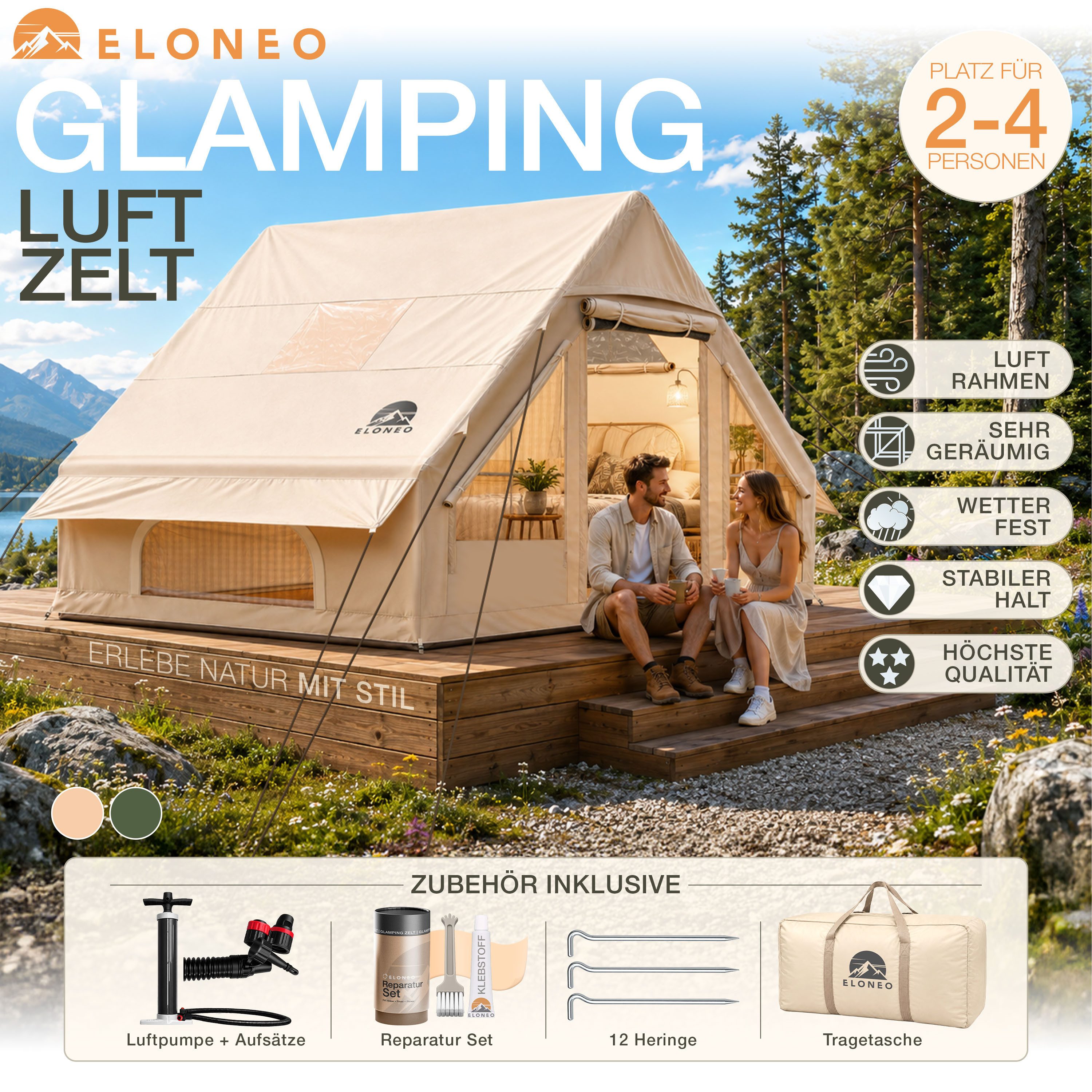 ELONEO aufblasbares Zelt ELONEO Glamping Zelt für 2-8 Personen mit Dachfenster, Personen: 8, UV-Schutz: UV50+