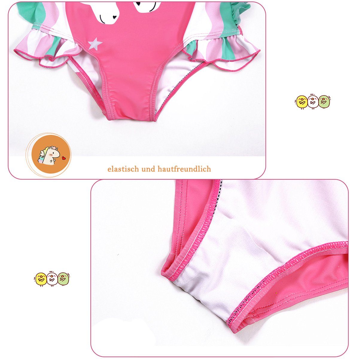 Vivi Idee Badeanzug mit Badekappe für Kinder Mädchen Einhörnchen 1-8 Jahre, UPF 50+ UV Schutz, Kurzarm