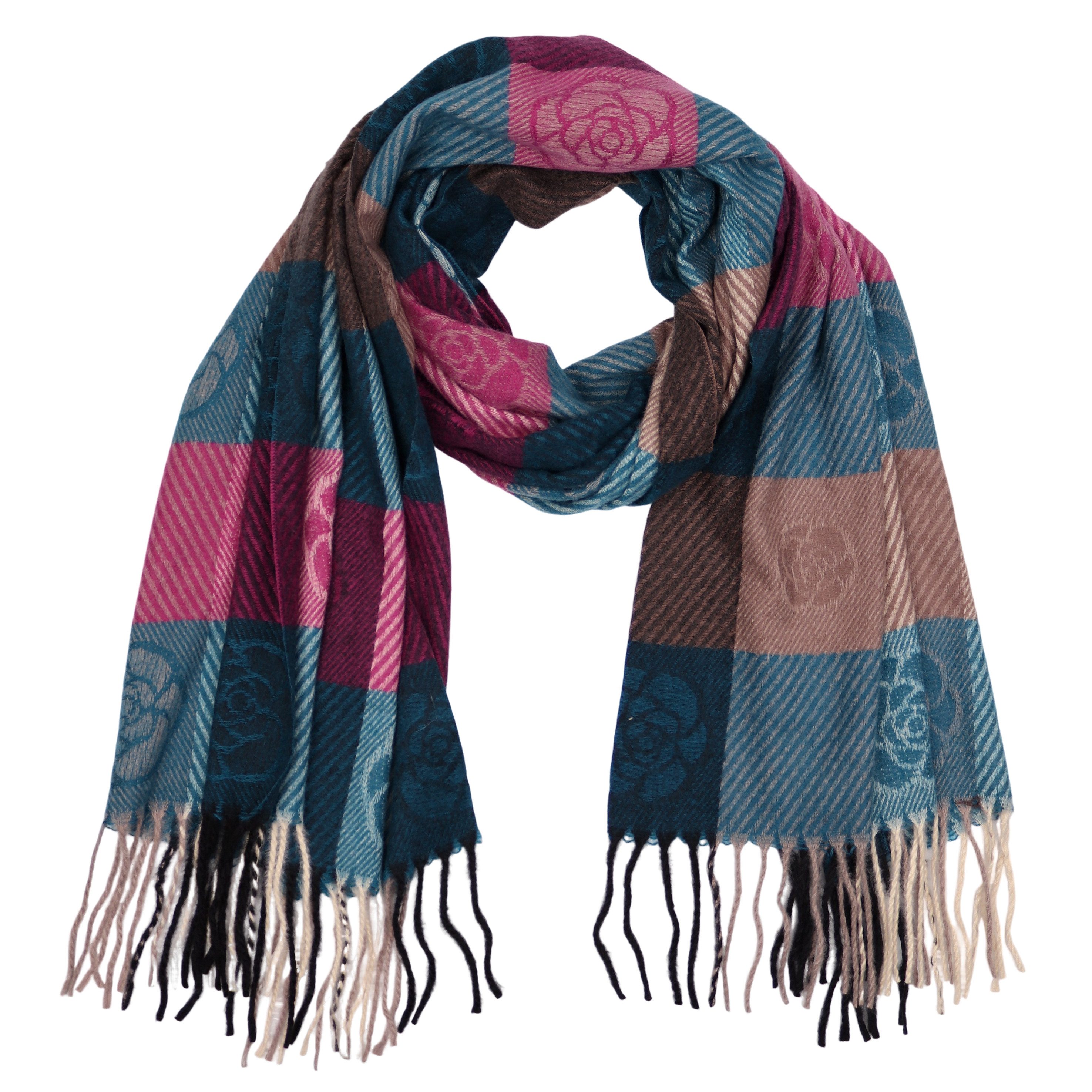 Modeschal weicher und warmer Schal Blumen mit Fransen, 70x180cm