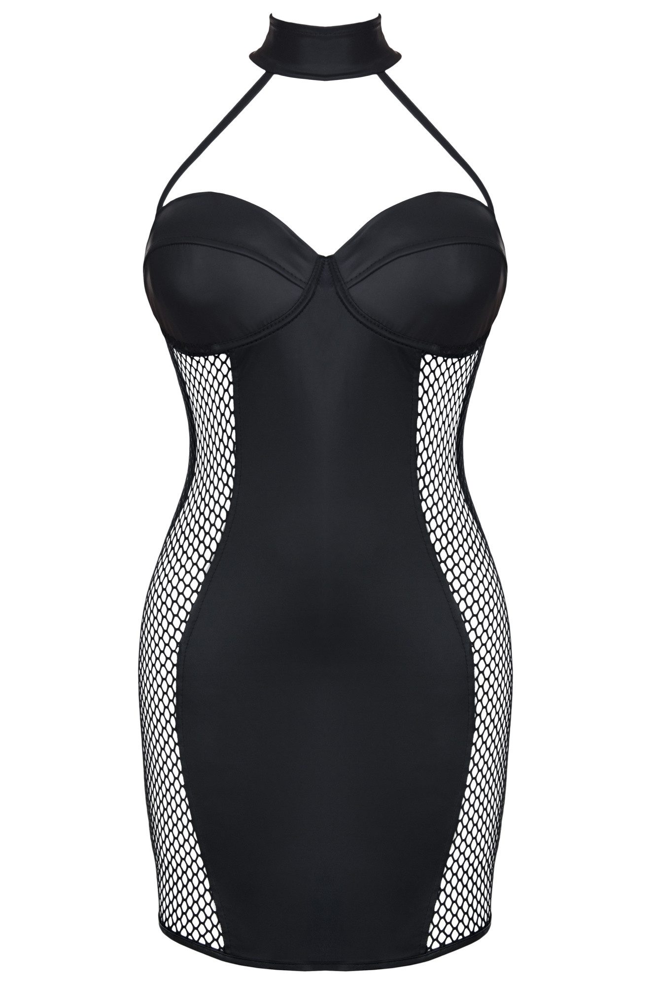 Demoniq Minikleid Schwarzes erotisches Frauen wetlook Neckholder Minikleid mit Netz Stof