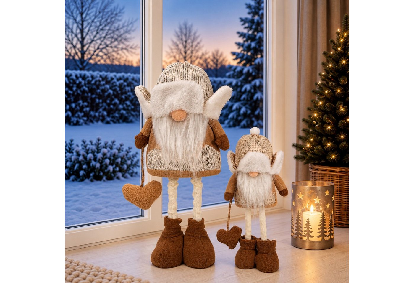 Online-Fuchs Dekofigur Weihnachtswichtel, Zwerge mit Pudelmütze - Deko Winter, Weihnachten (verschiedene Sets wählbar, mit langen, weißen Bärten und niedlichen Knollennasen), in harmonisch aufeinander abgestimmten Braun- und Cremetönen - W11