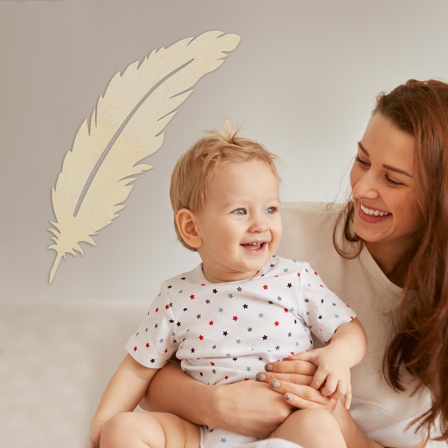 Namofactur LED Dekolicht Feder LED Wandlampe Holz 50cm, Ohne Zugschalter/Stern, LED fest integriert, Warmweiß, Dekolicht Kinderzimmer Wanddeko Wohnzimer Wandbild