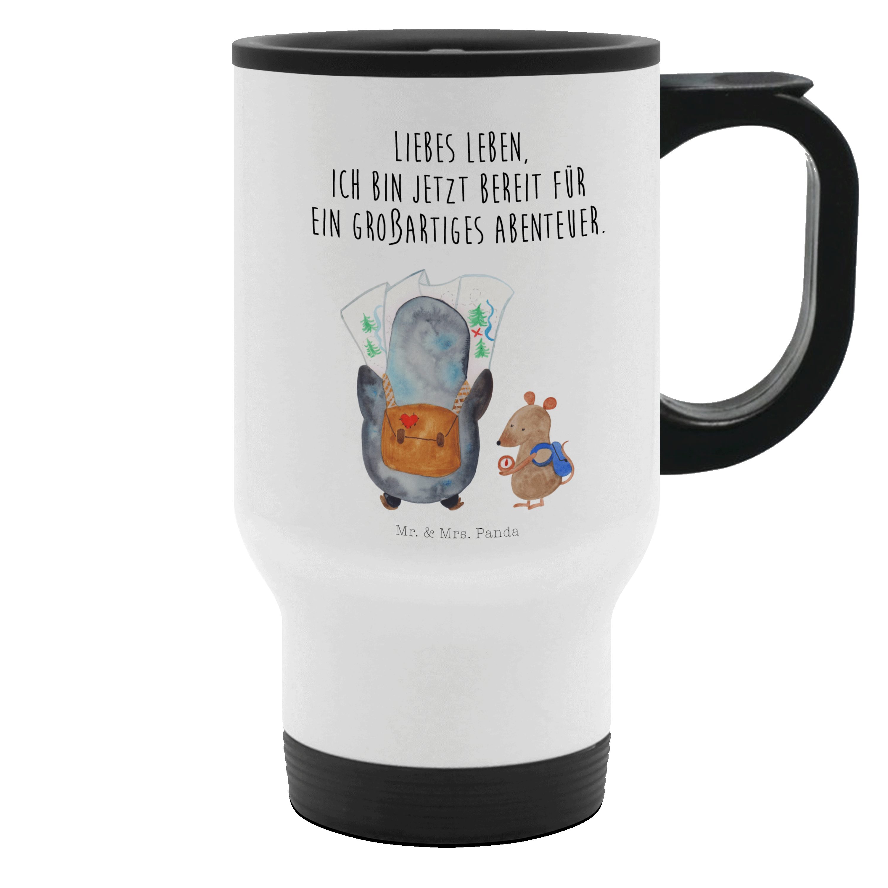 Mr. & Mrs. Panda Thermobecher Pinguin & Maus Wanderer, thermosbecher, Weiß, Wandern, Abenteuer, Aus, Edelstahl, isolierbecher mit deckel wanderbecher doppelwand tasse