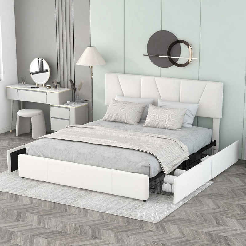OKWISH Bett Double Size Polster Plattform Bett, gepolstertes Bett (mit vier Schubladen auf zwei Seiten,Verstellbares Kopfteil, 160 x 200 cm), Ohne Matratze
