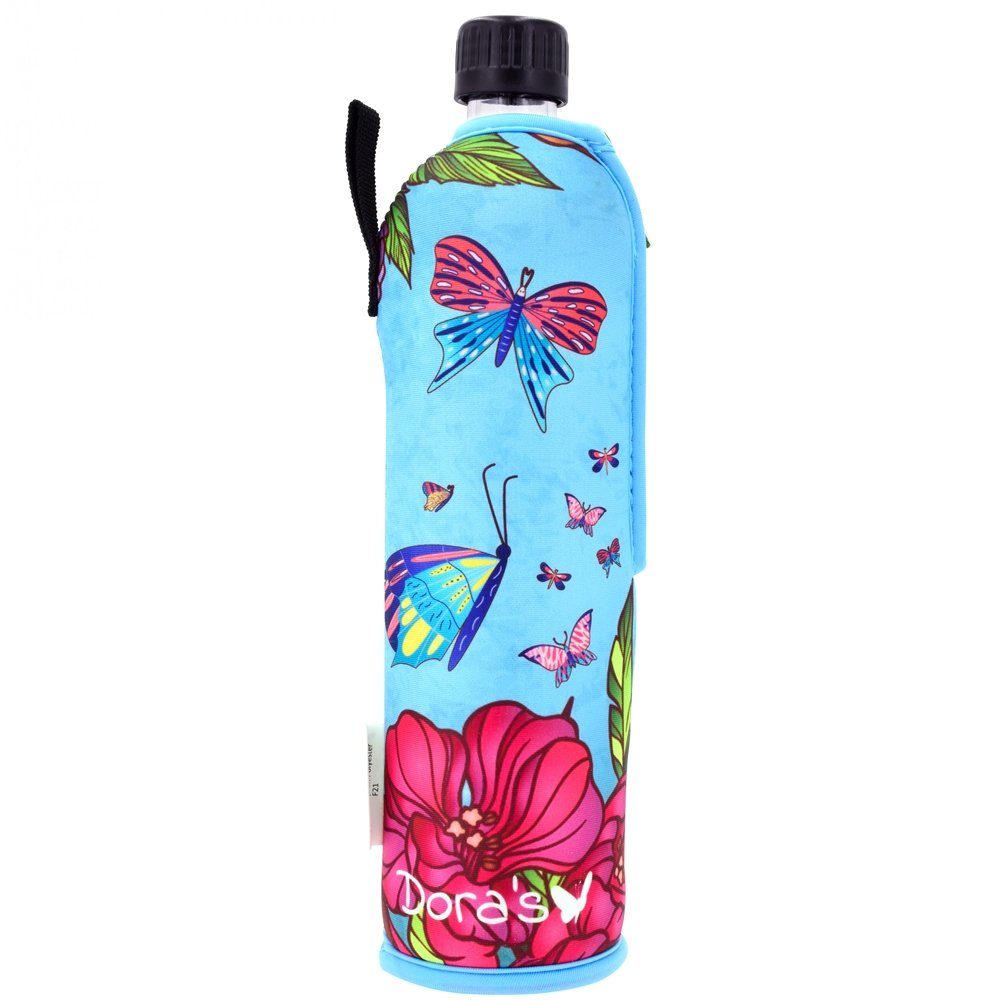 Dora's Trinkflasche Glasflasche mit Neoprenbezug Schmetterling