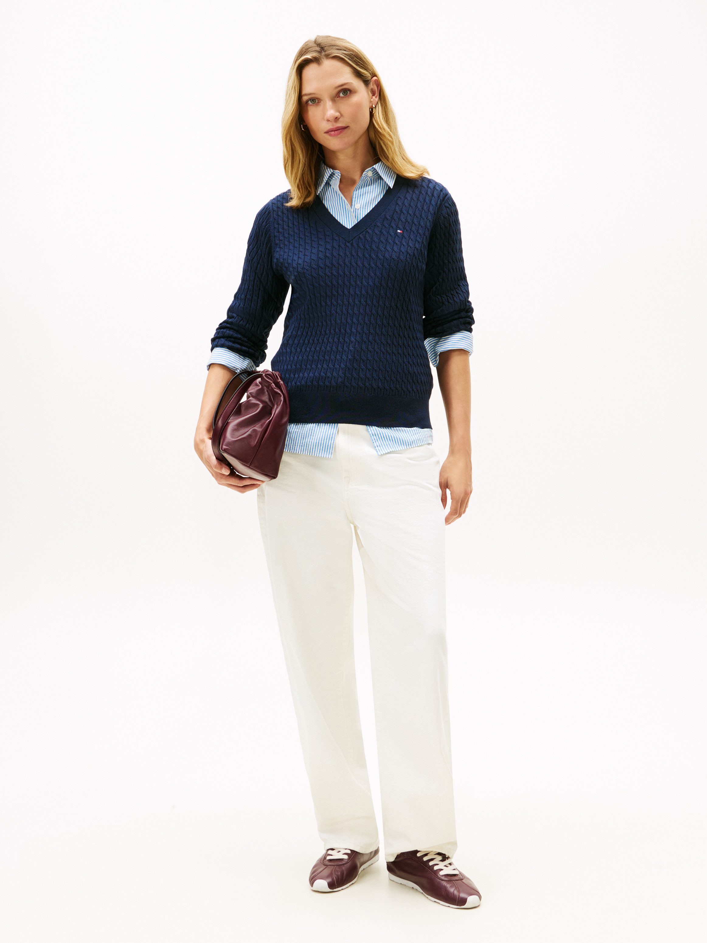 Tommy Hilfiger Strickpullover CO CABLE FINE GG V-NK LS SWT Baumwolle, mit Zopfmuster