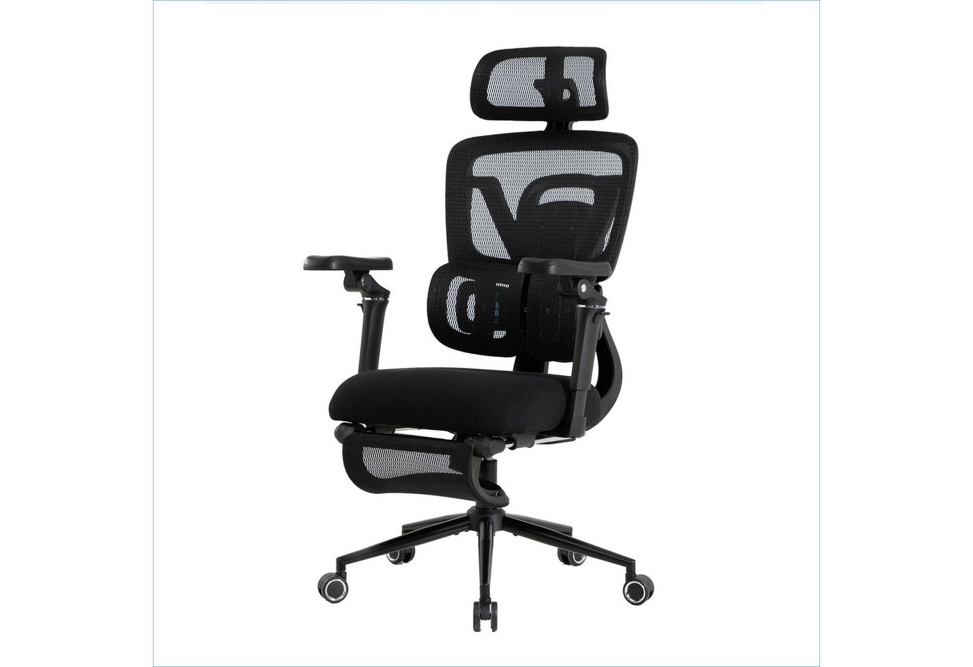 UEV Bürostuhl Ergonomischer Bürostuhl mit Fußstütze,Gamingstuhl drehstuhl (mit verstellbare Armlehnen, Kopfstütze, Lendenstütze), Drehstuhl aus Mesh, neigbar bis 135°, Belastbarkeit 150 kg