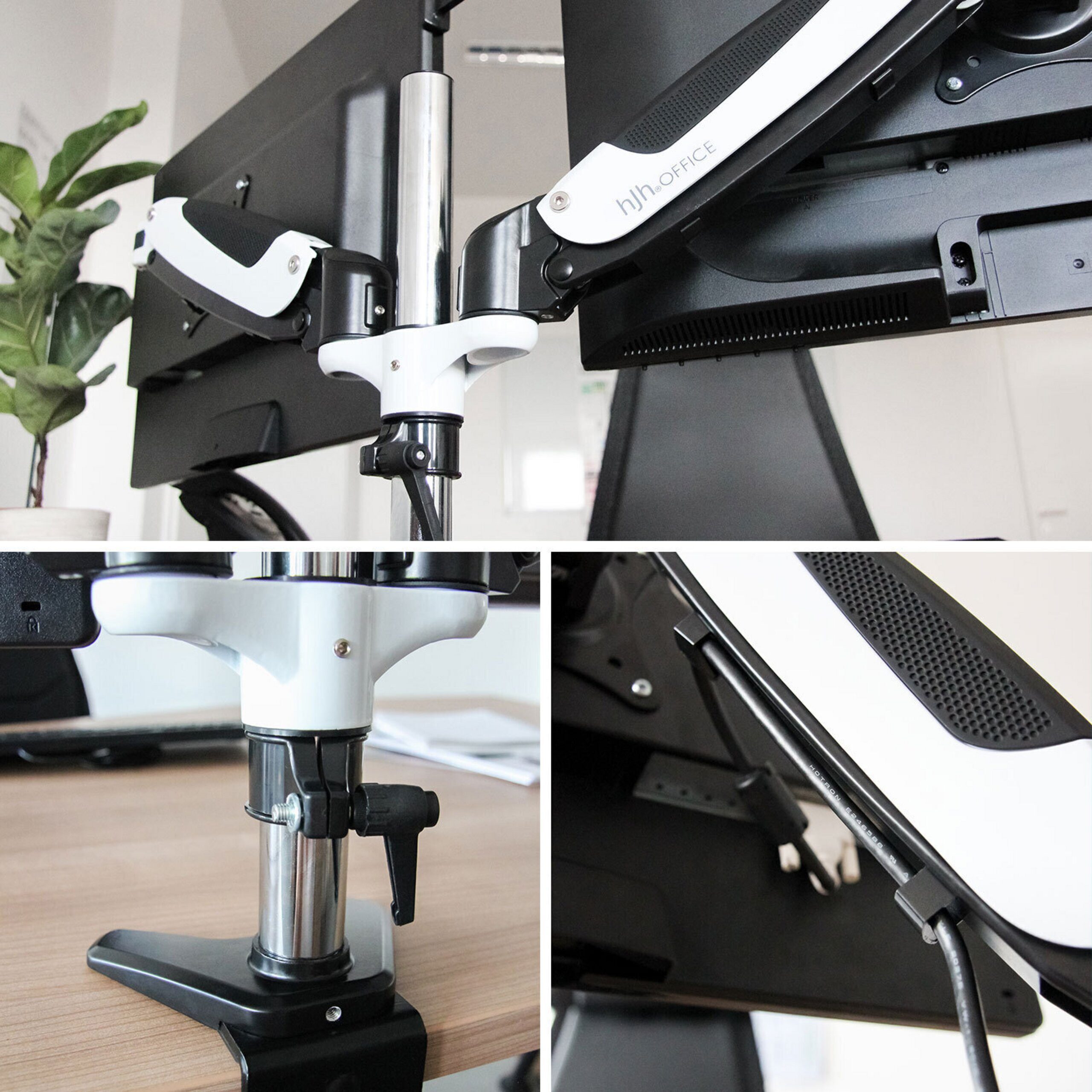 hjh OFFICE Monitor-Halterung Monitorhalterung Vm-Mg2S Aluminium, (bis 27 Zoll, Monitorarm, Kabelmanager integriert, drehbar, schwenkbar und neigbar)