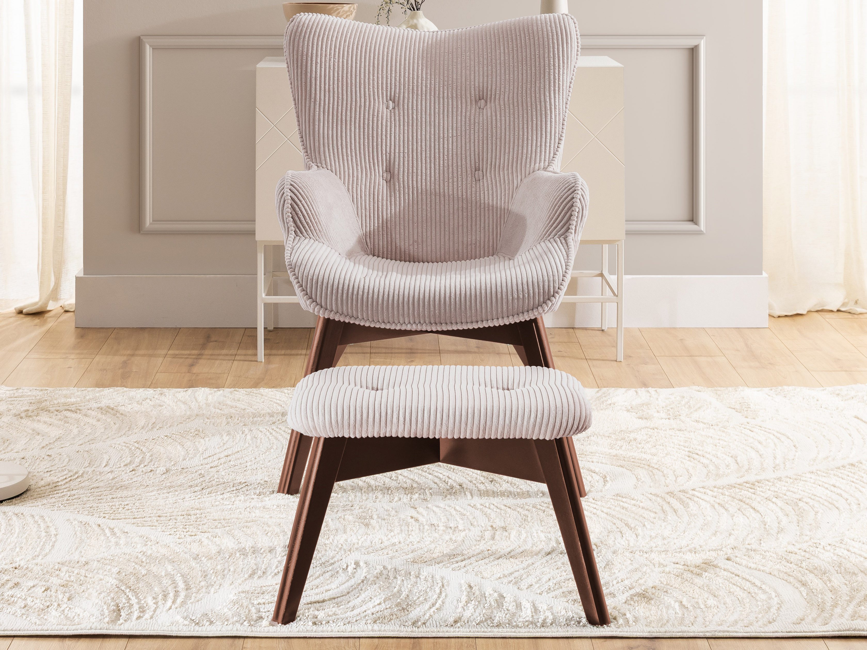 S-Style Möbel Loungesessel mit Fußhocker Lenari aus Cordstoff mit Füßen aus Massivholz (1 x Lounge-Sessel, 1 x Hocker)