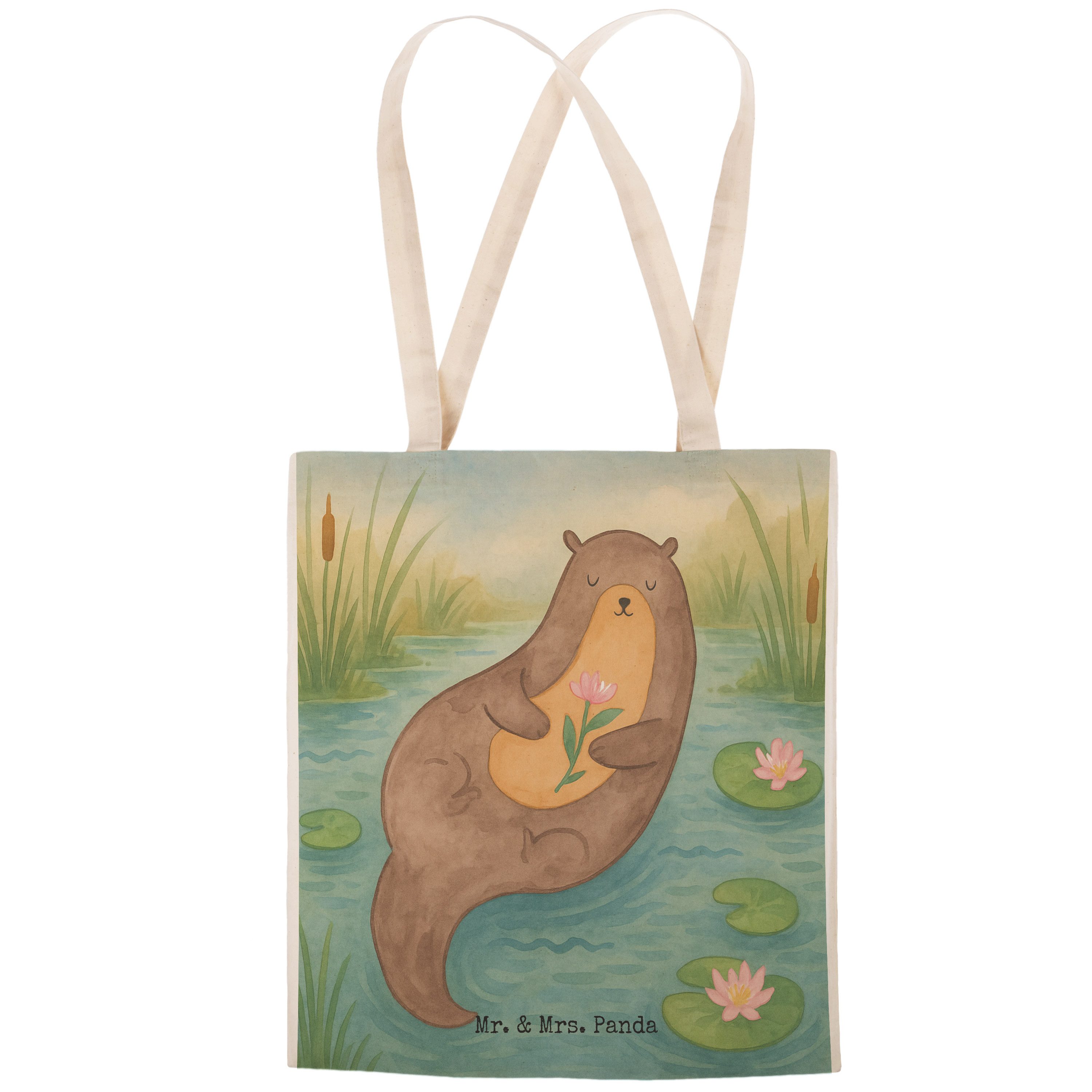 Mr. & Mrs. Panda Tragetasche Otter Seerose Design, Tote Bag, Weiß, Beuteltasche, glücklich, Wasser (Packung), Stofftragetasche Tragetasche Mit Spruch markttasche