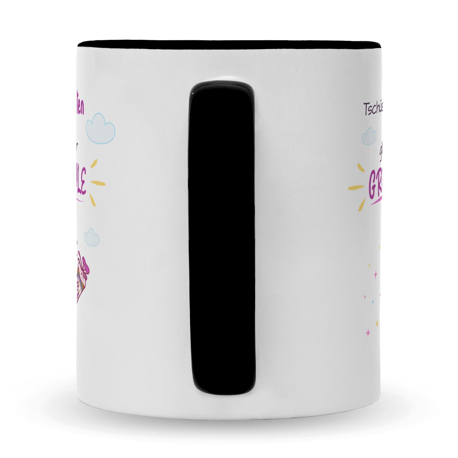 GRAVURZEILE Tasse mit Spruch - Tschüss Kindergarten ich glitzer in der Grundschule, Keramik, Farbe: Schwarz & Weiß