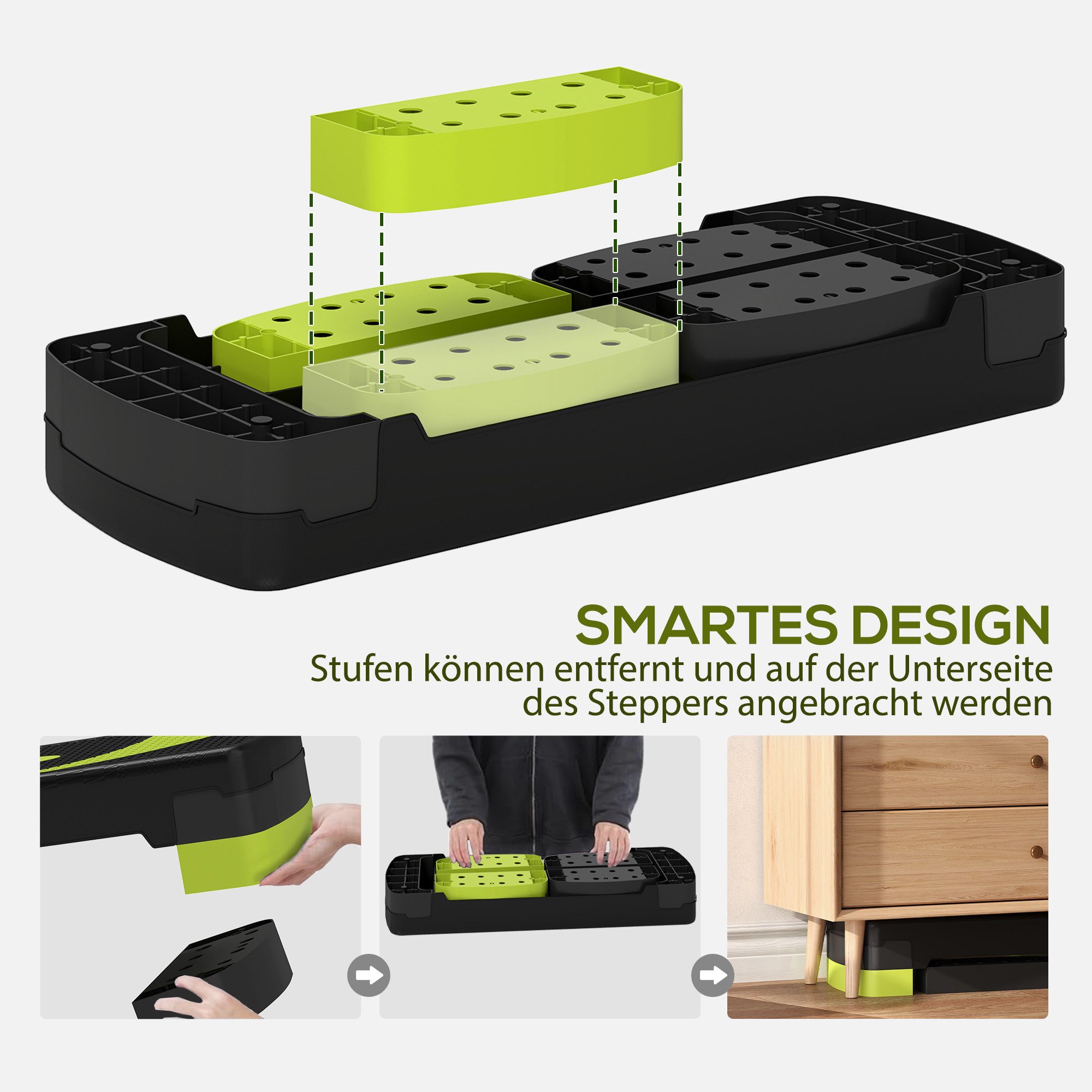 HOMCOM Stepper höhenverstellbar mit 3 Stufen, Fitness Heimtrainer (Aerobic-Stepper, 1-tlg., Steppbrett), für Indoor, Outdoor, Schwarz+Grün