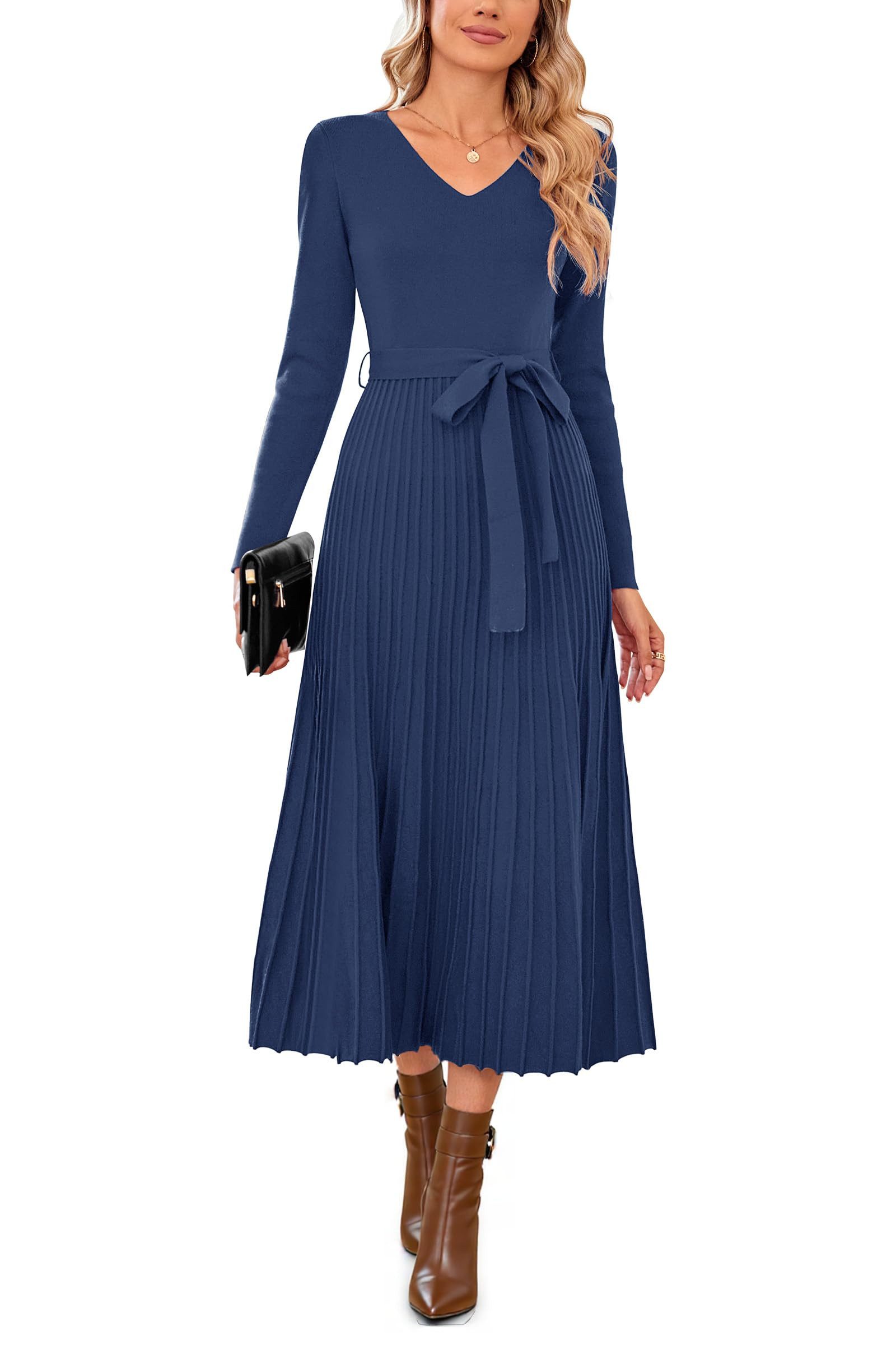 Arach&Cloz Strickkleid Damen Pulloverkleid Herbst Winterkleid Lang Plissee V-Ausschnitt Langarm Elegant Midi Платья Winter