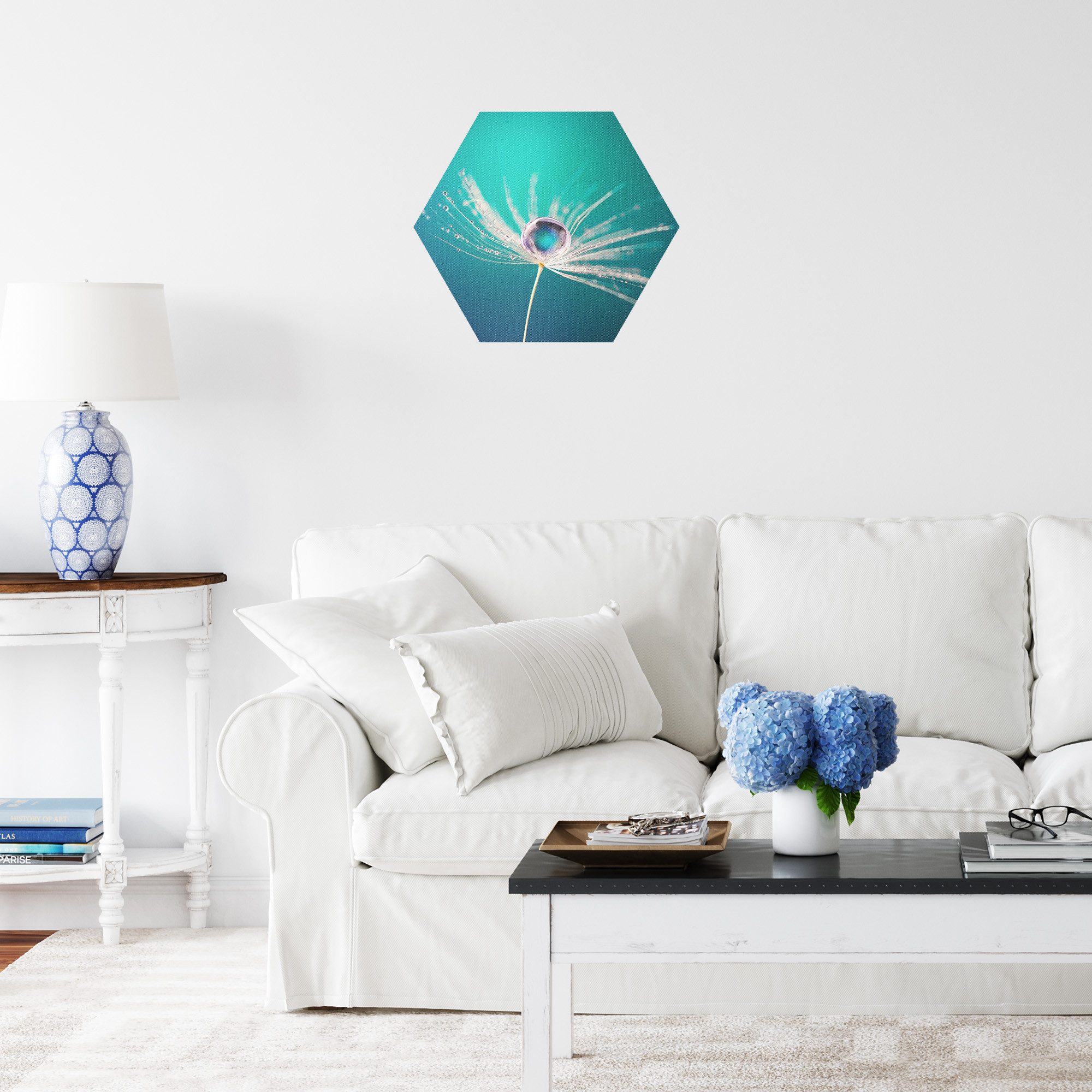 DEQORI Fototapete 'Samen mit Wassertropfen', Sechseckig, matte Leinwandstruktur, bedruckt, (1 St), selbstklebend Wandtattoo Motiv Wandtapete Wand Sticker Bild Tapete