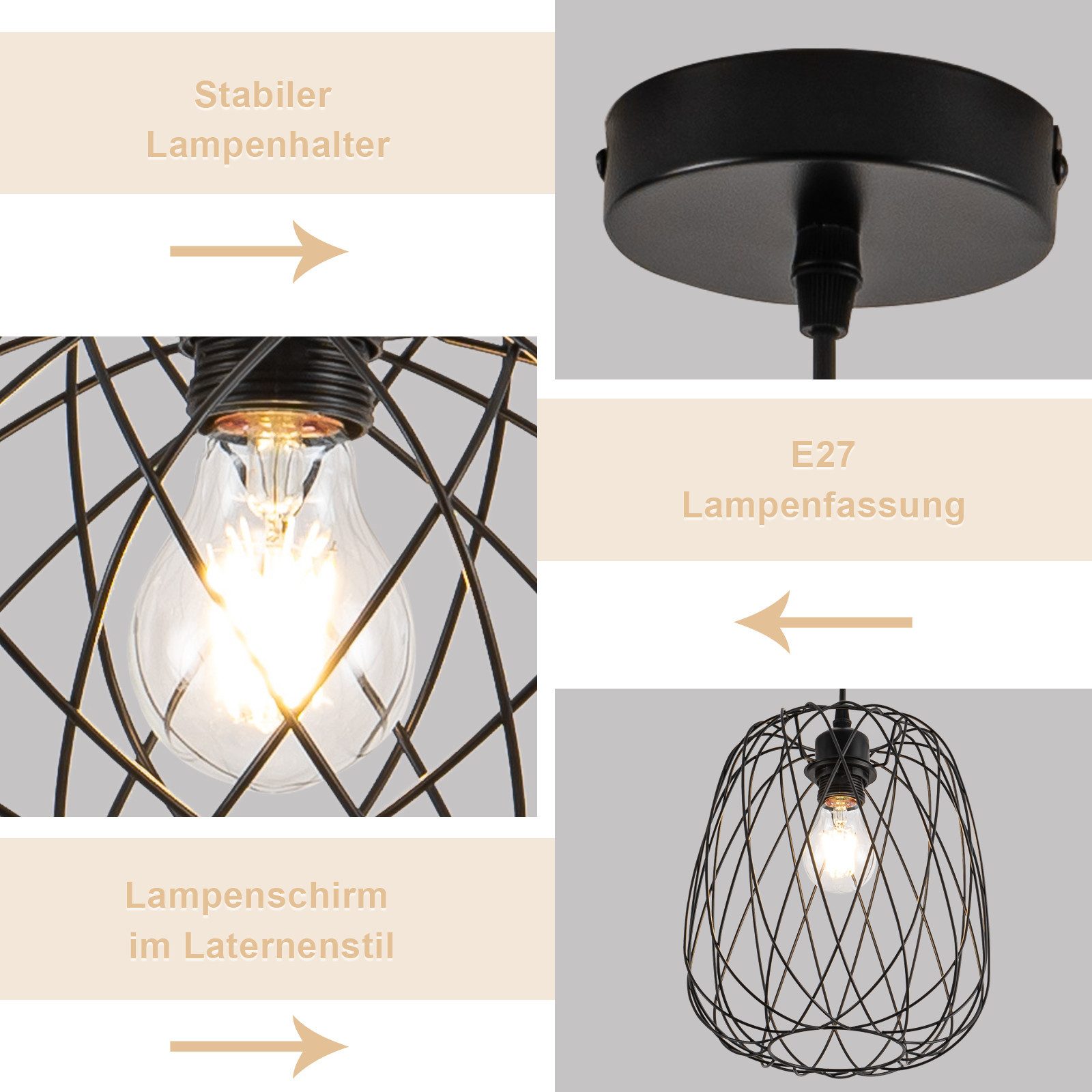 Nettlife Pendelleuchte Pendelleuchte Schwarz Rund Vintage E27, Höhenverstellbar, LED wechselbar, Küchenlampe Wohnzimmer Treppenhaus Flur