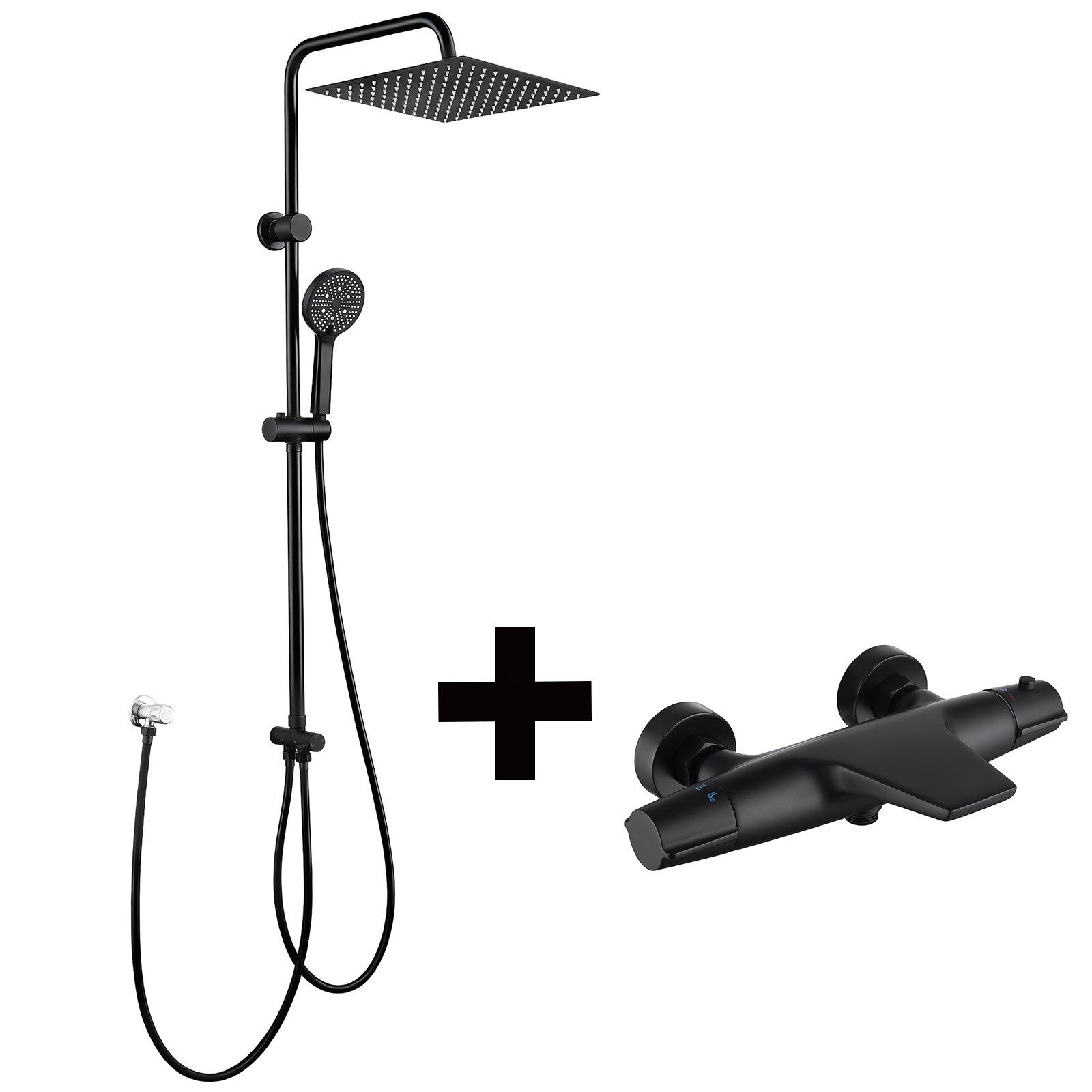 HOMELODY Duschsystem mit Thermostat Badewannenarmatur Schwarz Regendusche, 30 cm Regendusche, 5 Strahlarten Handbrause, Wasserfall-Auslauf