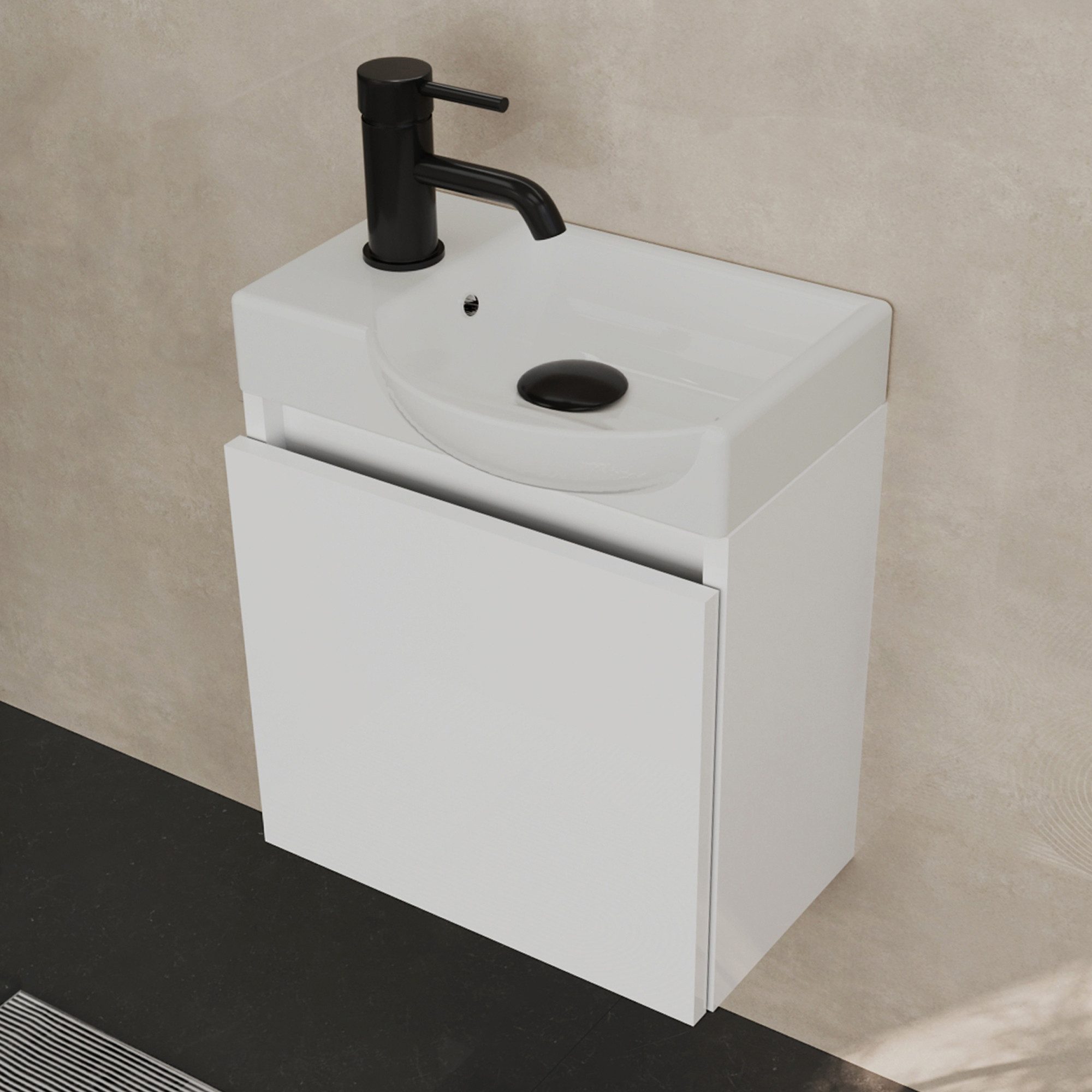 Alpenberger Waschtisch-Set Waschtisch mit Unterschrank hängend 45 cm Gäste WC, (Soft-Close Tür, MDF Weiß, Keramik Becken Rechts mit Überlauf), Waschbecken mit Unterschrank klein & wandhängend