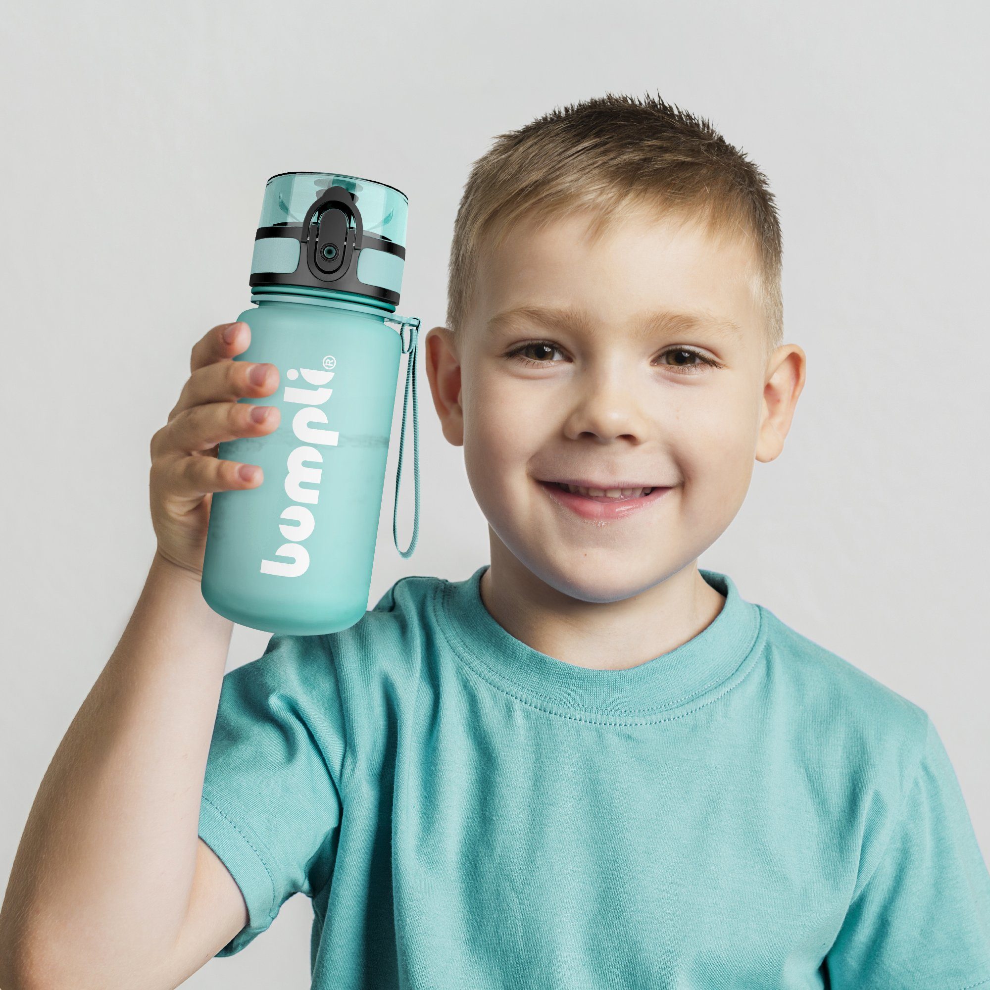 bumpli® Trinkflasche Kinder Trinkflasche 350ml Sportflasche, 1-Klick-Verschluss & BPA-frei, (softTouch) auslaufsicher, Grau Handschlaufe Wasserflasche