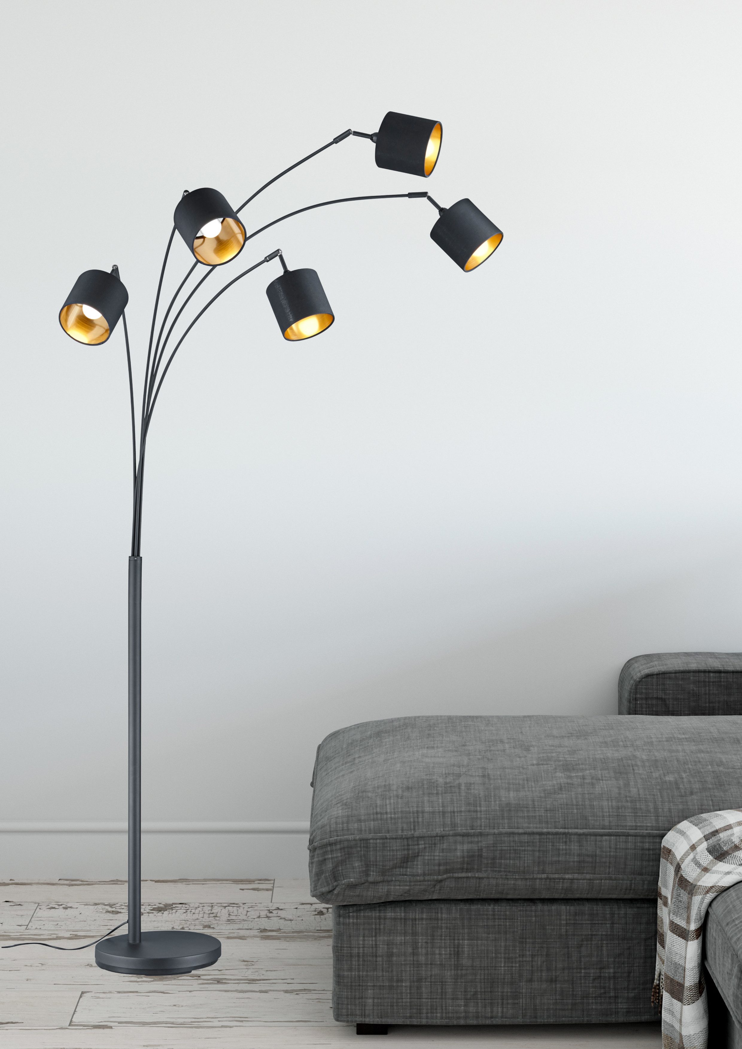 Reality Leuchten Stehlampe Tommy, Bogenleuchte 5-flammig, exkl 5x E14 max 28W, mit Fussschalter, Ein-/Ausschalter, Lesearm, Leuchtmittel wechselbar, warmweiß - kaltweiß, Stehlampe Wohnzimmer mit Stoffschirmen und verstellbaren Spots