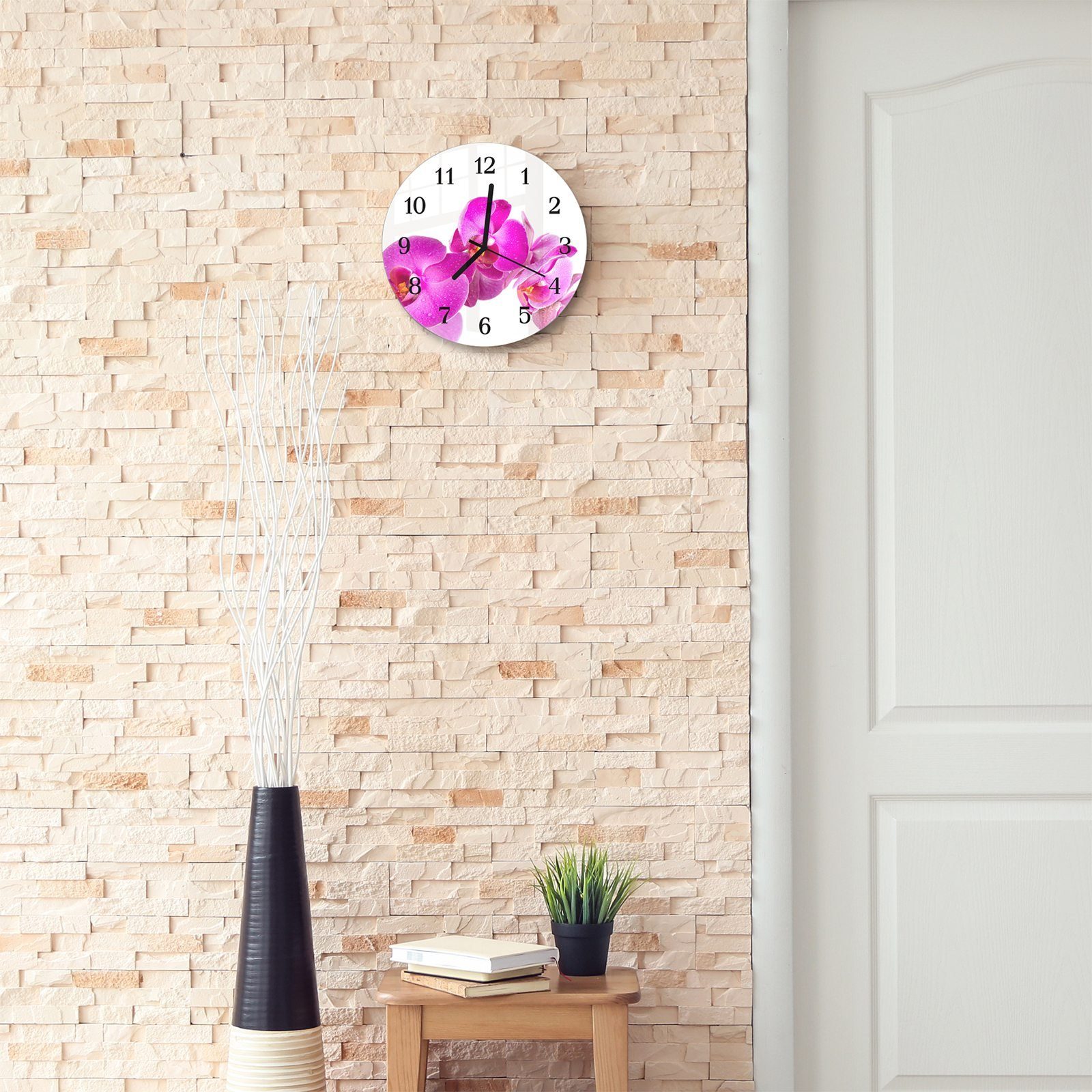 Durchmesser - Wanduhr und mit Quarzuhrwerk spiegelnd Motiv Wanduhr Primedeco Orchideenzweig aus 30 Glas cm mit Rund