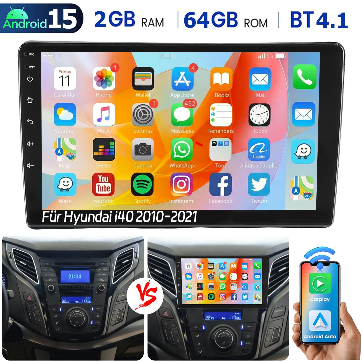 ESSGOO DAB+ Carplay Android15 Autoradio Für Hyundai i40 2011-19 GPS NAVI WiFi Autoradio (DAB (optional), DAB+ (optional), 4+64GB(optional), RDS, AM, FM, Carplay Android Auto Bluetooth EQ USB GPS Navi WIFI Touchscreen)