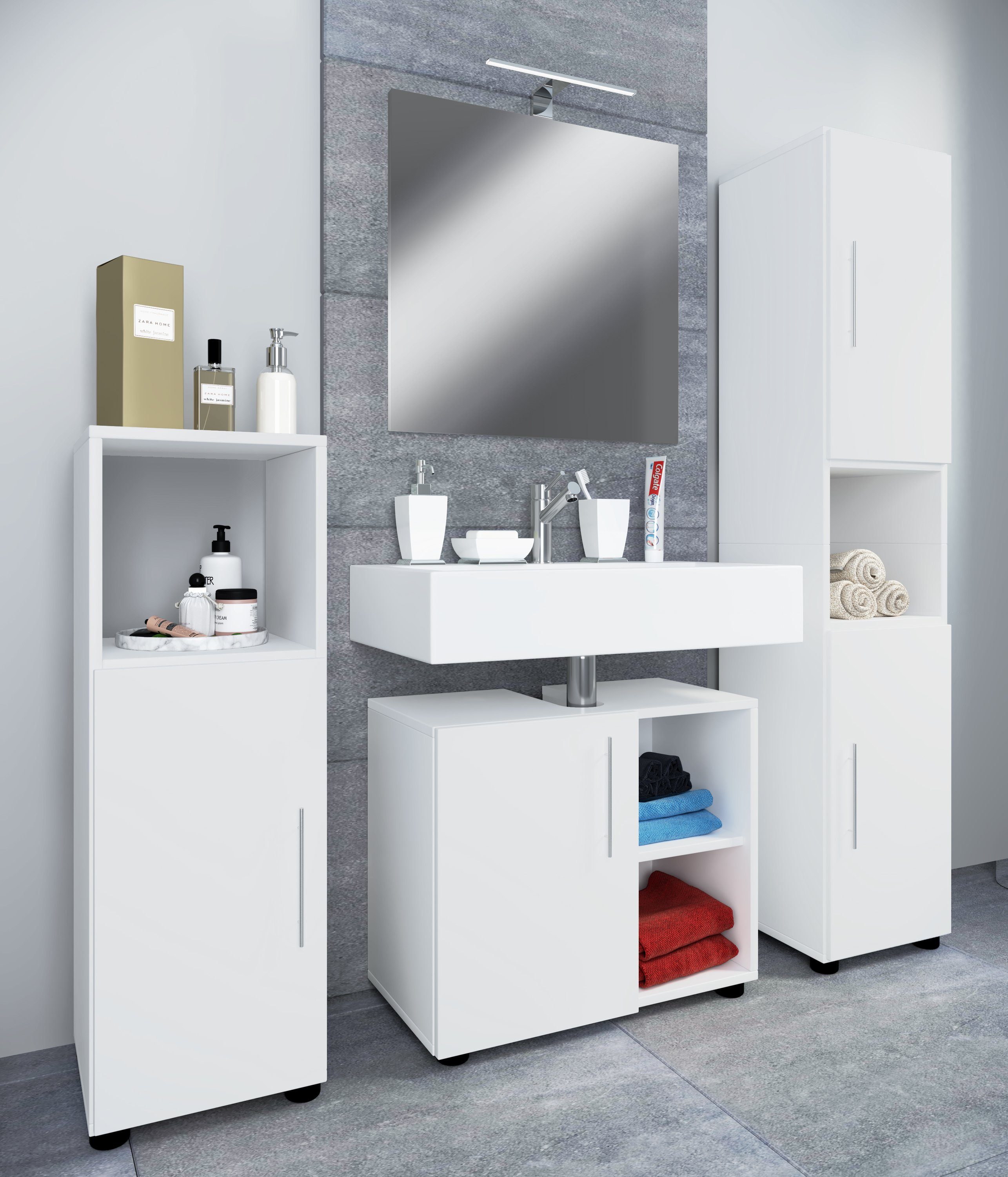 VCM Badmöbel-Set 4 teilig Bad Komplettset Flandu, (Komplett-Set, 4-St., 1x Spiegel 1x Midischrank 1x Unterschrank 1x Hochschrank)