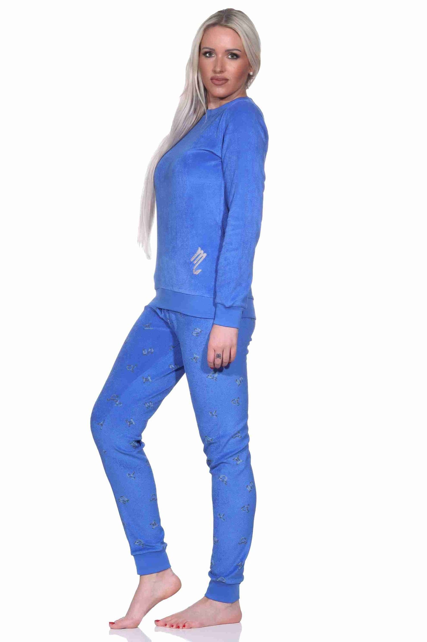 Frottee in Schlafanzug Normann Damen mit Übergrössen - langarm Pyjama Bündchen auch Pyjama blau