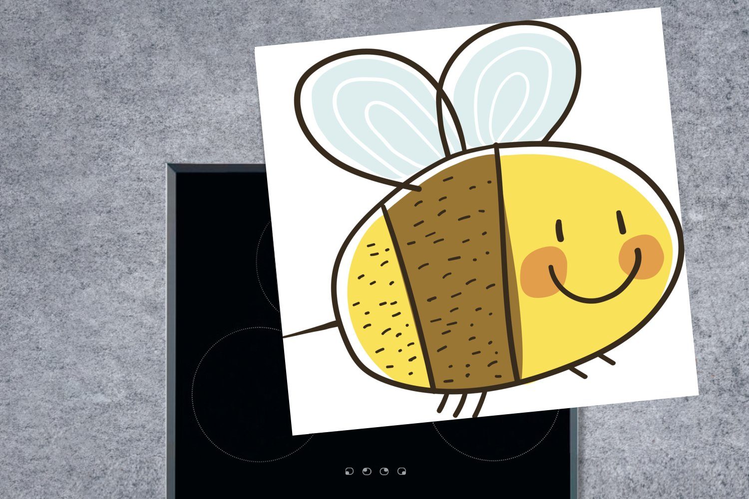 Arbeitsplatte Herdblende-/Abdeckplatte Biene, tlg), glücklichen (1 MuchoWow küche Illustration Ceranfeldabdeckung, einer 78x78 Eine cm, Vinyl, für