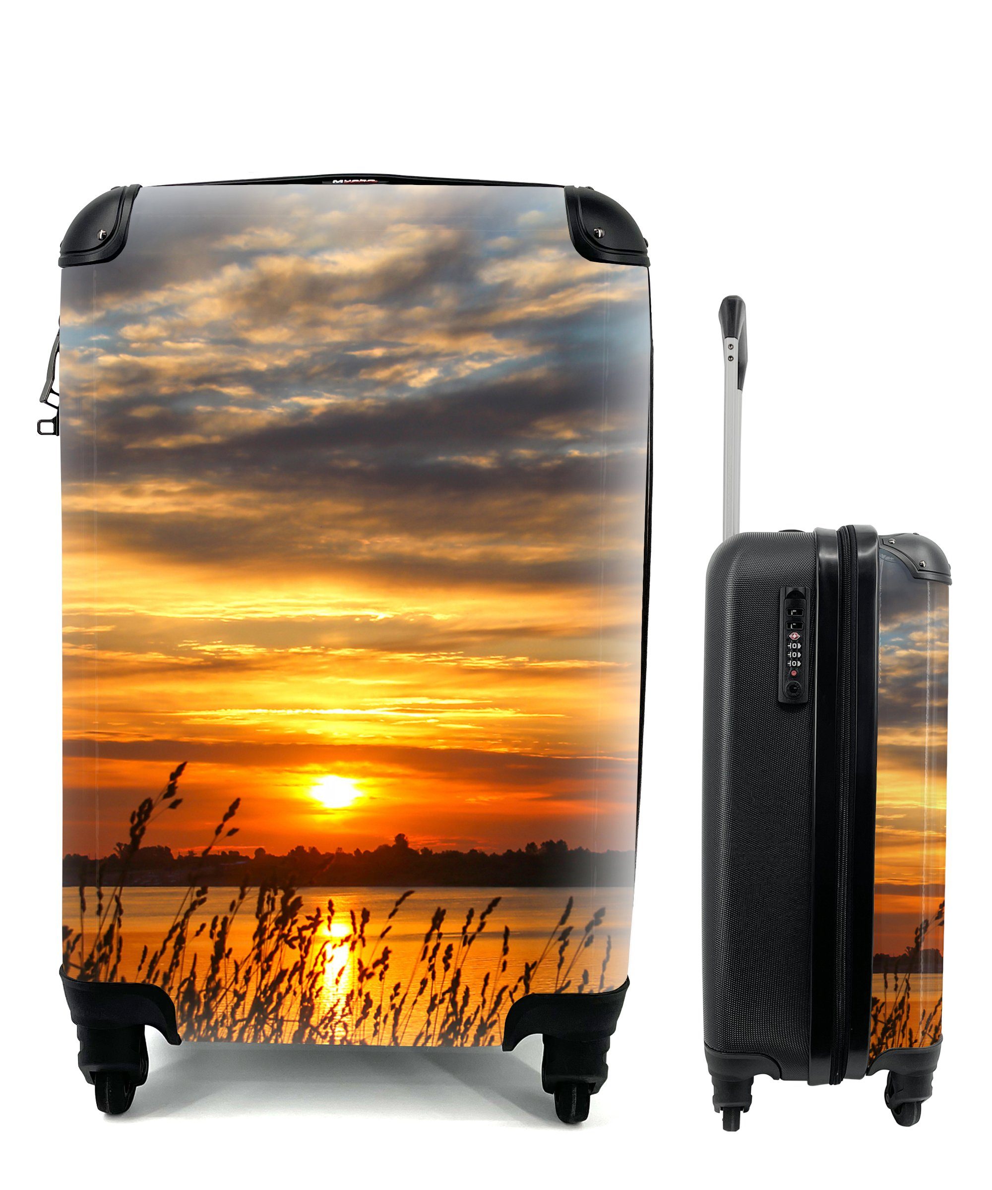 MuchoWow Handgepäckkoffer Sonnenuntergang - Meer - Horizont - Himmel - Pflanzen, 4 Rollen, Reisetasche mit rollen, Handgepäck für Ferien, Trolley, Reisekoffer