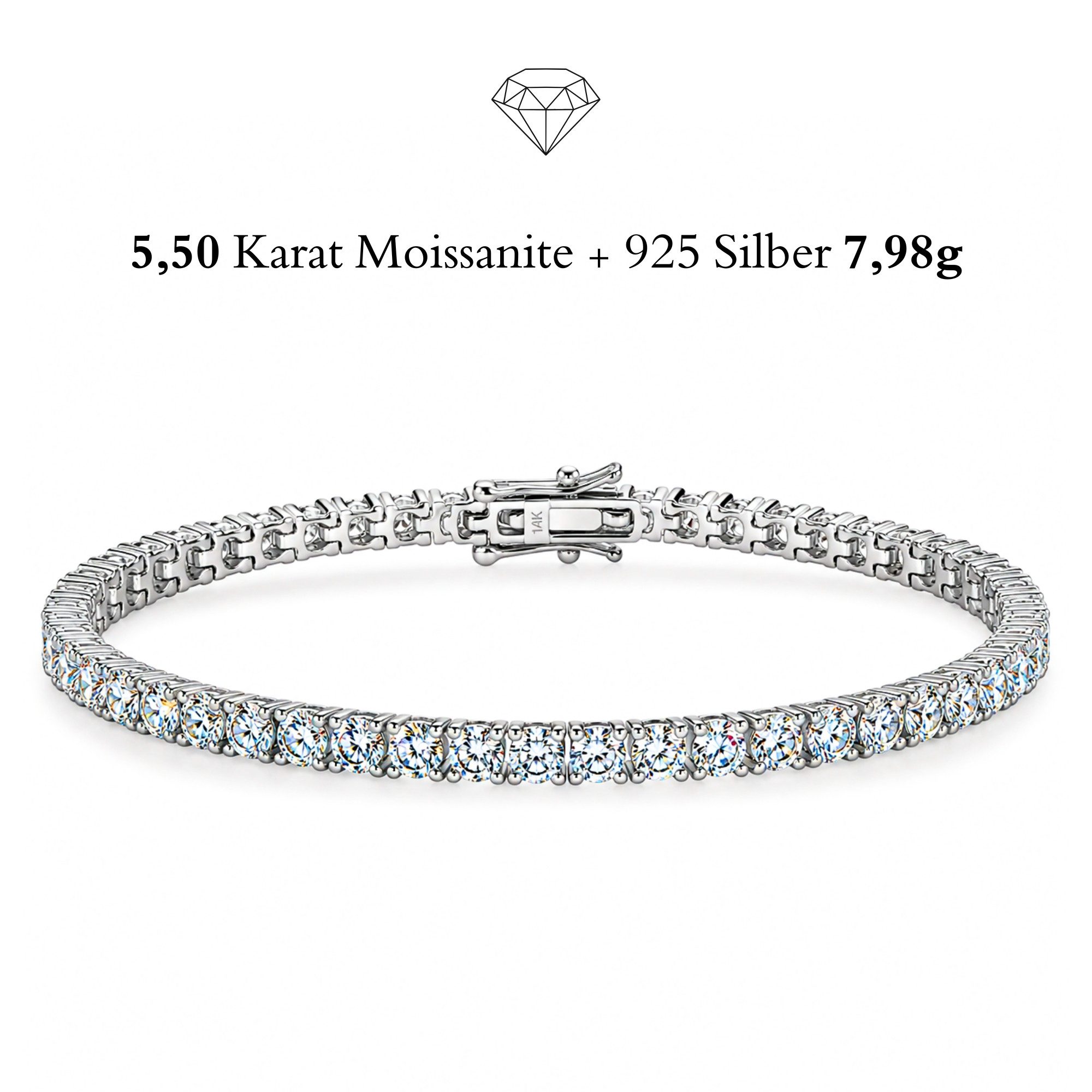 UNIQAL.de Tennisarmband Damen 925 Sterling Silber mit Moissanit im Diamant-Look 5,5 Karat (VVS1 · Weißgold plattiert · 55 Rund-Brillant Steine 3mm, hypoallergen · Luxus Schmuck Geschenkbox), GRA-Zertifikat, Armkette Geschenk für Damen