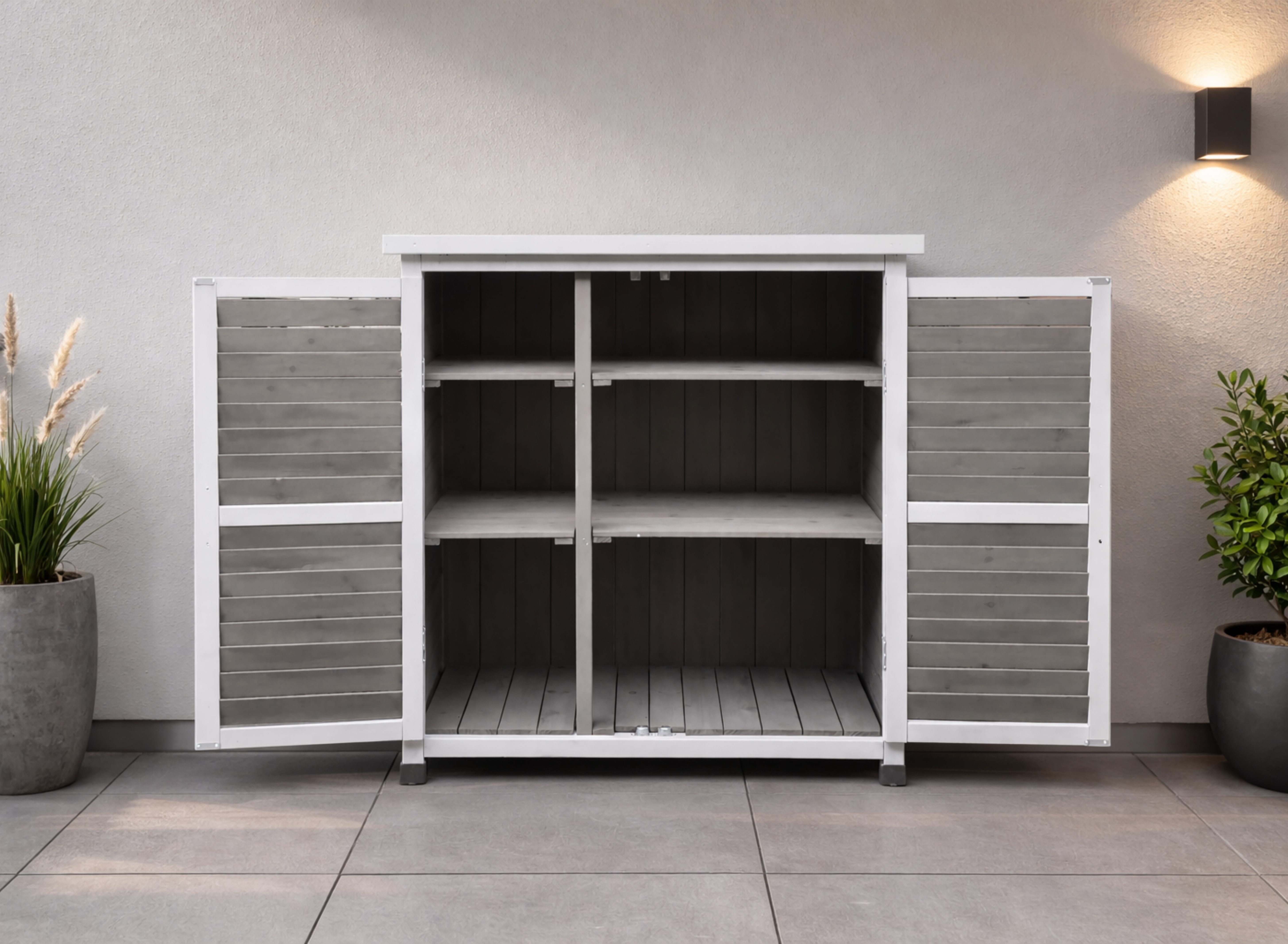 Leco Garten-Geräteschrank Gartenschrank MOMO H 95 cm grau-weiß, BxT: 87x47 cm, Holz, Tannenholz