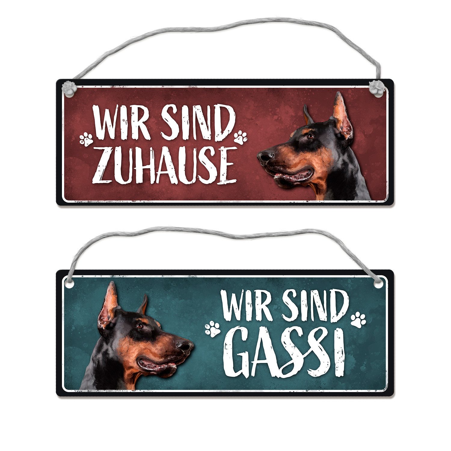 Metallschild Wir sind Gassi/Zuhause Dobermann Wendeschild mit Kordel Schild