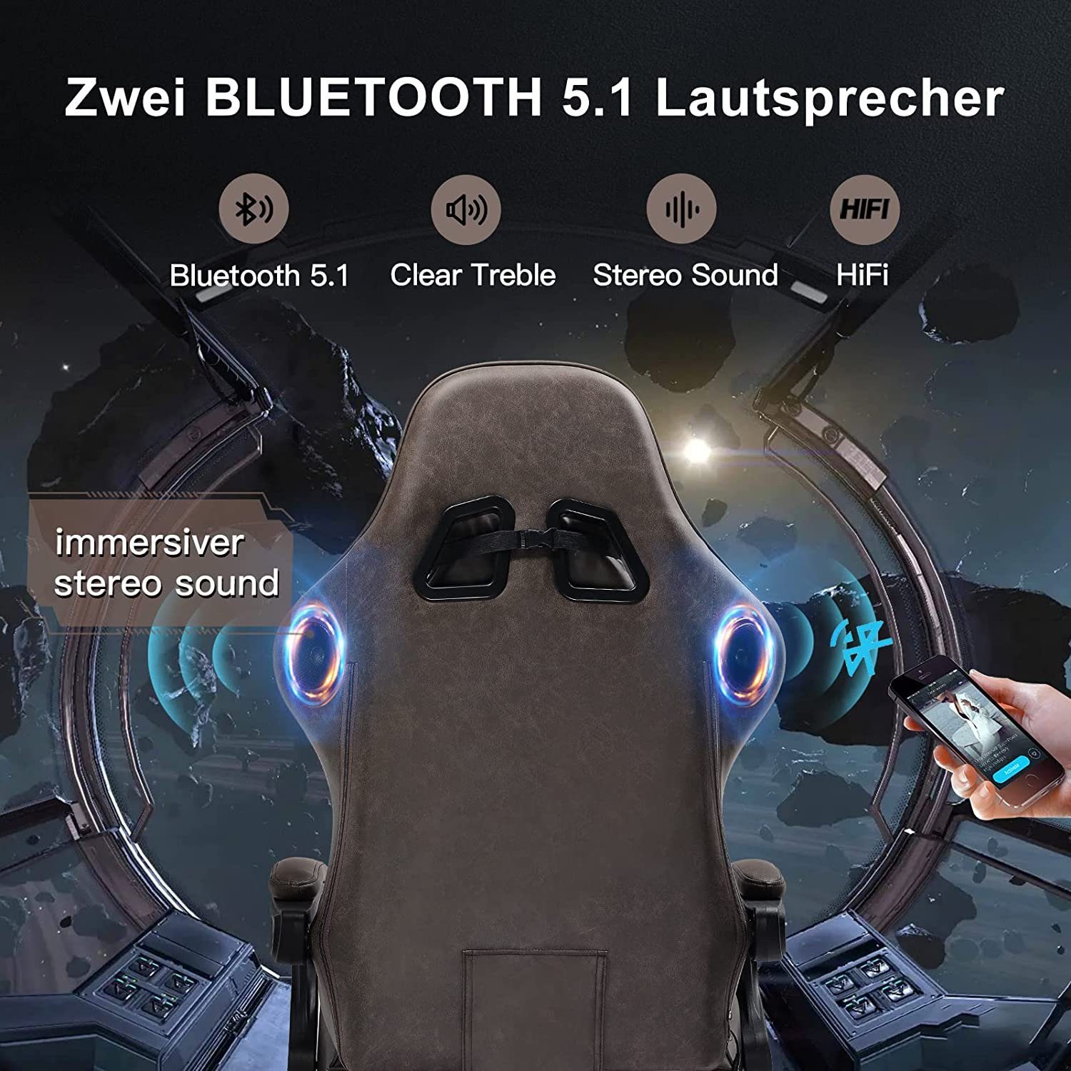 GTPLAYER Gaming-Stuhl ergonomischer Bürostuhl mit HIFI Stereo Lautsprecher, Verbindungsarmlehen beeindrukende Klang-atmosphäre – Bild 2 von 5