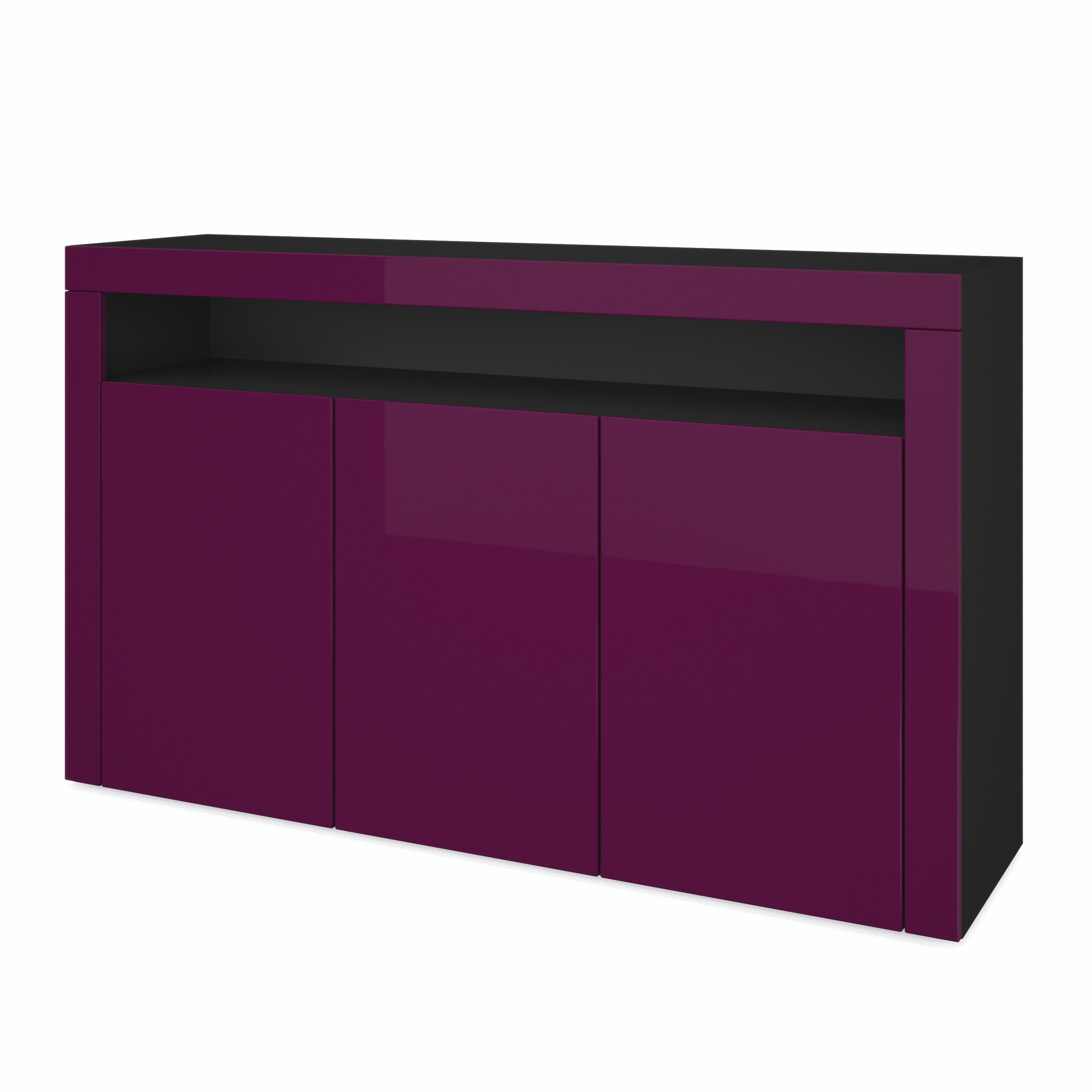 Vladon Sideboard Valencia (Sideboard, mit 3 Türen und 1 offenem Fach), Schwarz matt/Brombeer Hochglanz/Brombeer Hochglanz (155 x 92 x 40 cm)