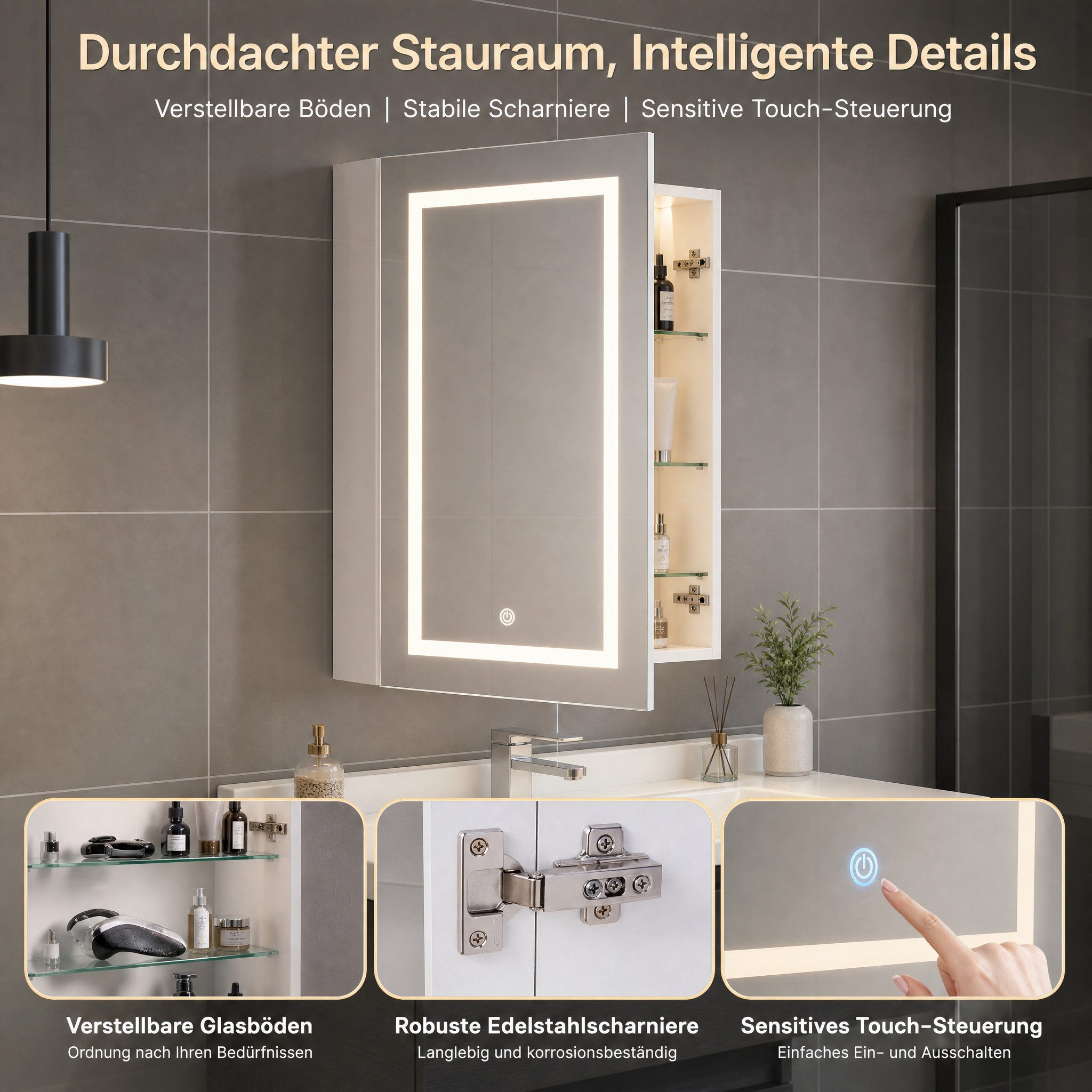 Simurq Badezimmerspiegelschrank Spiegelschrank Bad Mit LED Beleuchtung Und Ablage, Hängeschrank (Set, Badspiegel mit verstellbaren Regalen) 3 Farbtemperatur Dim – Bild 5 von 5