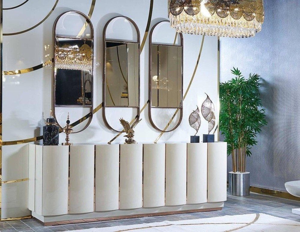 JVmoebel Anrichte Weiße Anrichte aus Holz mit Metallspiegel im modernen Stil (4 St., Anrichte + 3x Spiegel), Made in Europa