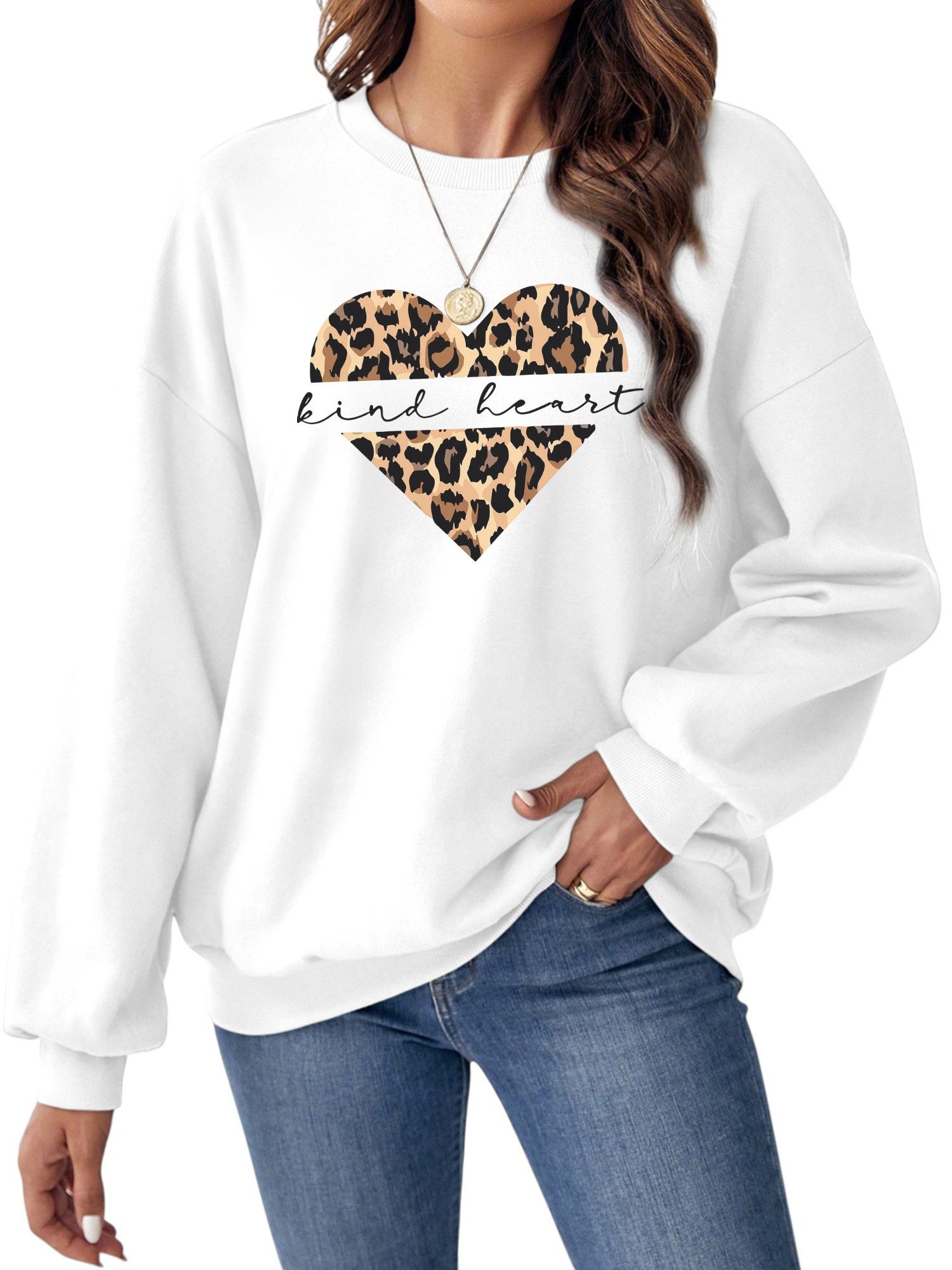 PYLIKE Fleecepullover Damen Rundhalsausschnitt Oversized Sweatshirt mit Animal Print Bequem für Herbst & Winter