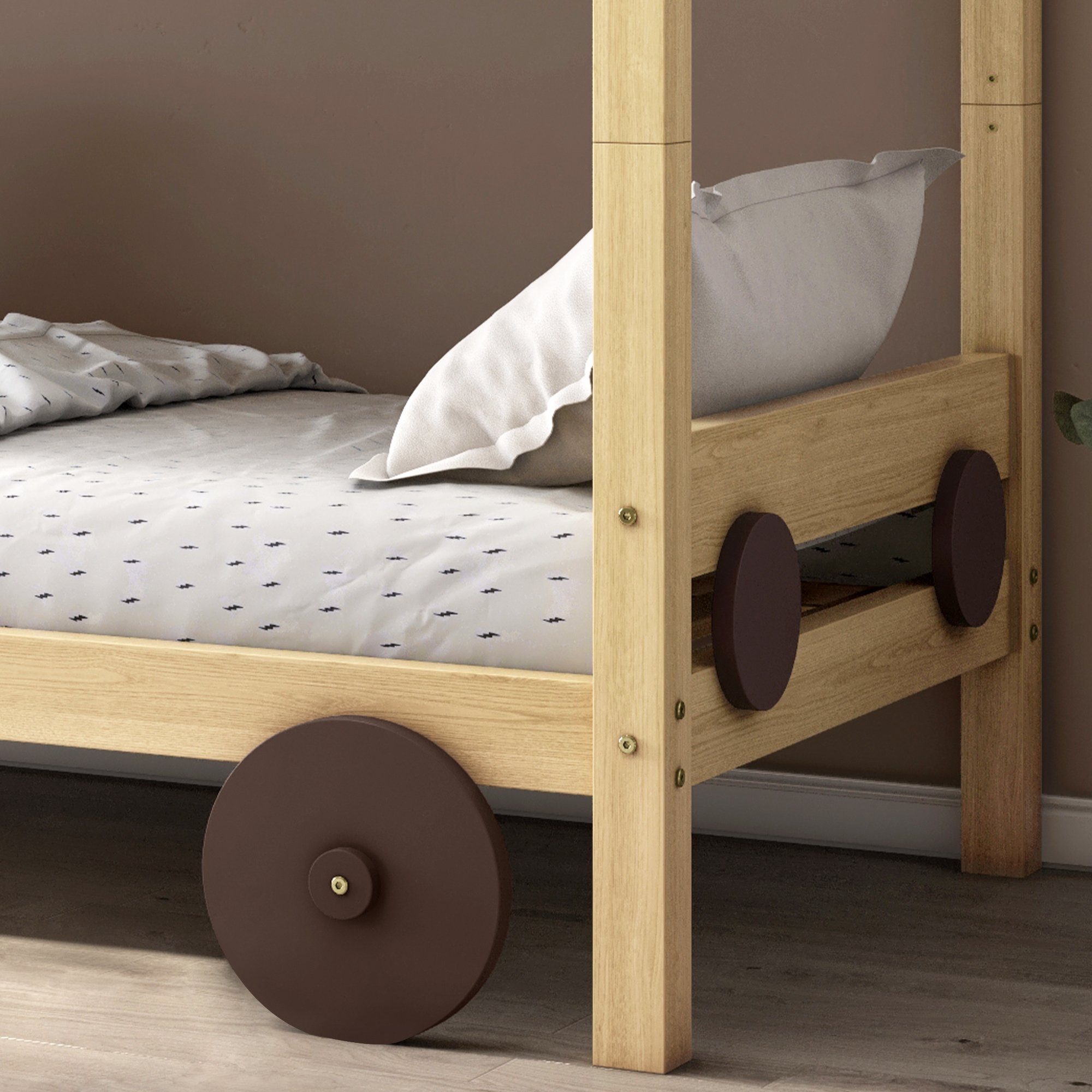 Etagenbett (Stockbett, Hochbett mit Lattenrost, Rausfallschutz, Leiter und MDF-Rädern), Kinderbett 90 x 200 cm, umbaubar in zwei Einzelbetten, Kiefer