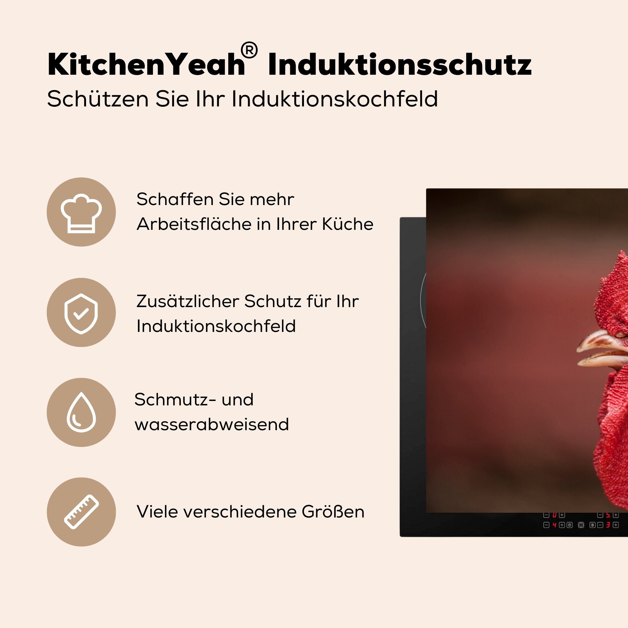 küche, Tiere Schutz Hahn für cm, die (1 Ceranfeldabdeckung Rot, Vinyl, tlg), Induktionskochfeld MuchoWow Herdblende-/Abdeckplatte - 81x52 -